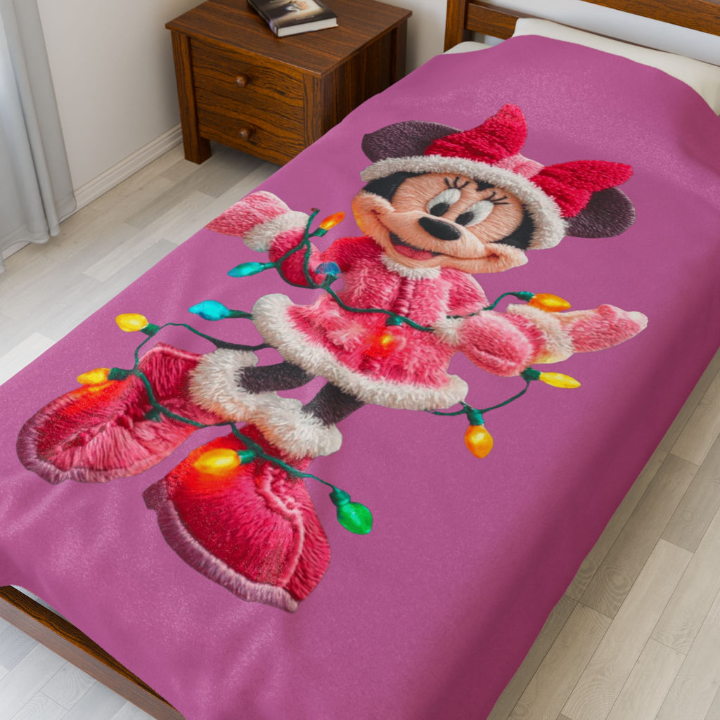 Magical Christmas Cartoon Blanket Plush Holiday Blanket  Festive Minnie Mouse with Christmas Lights