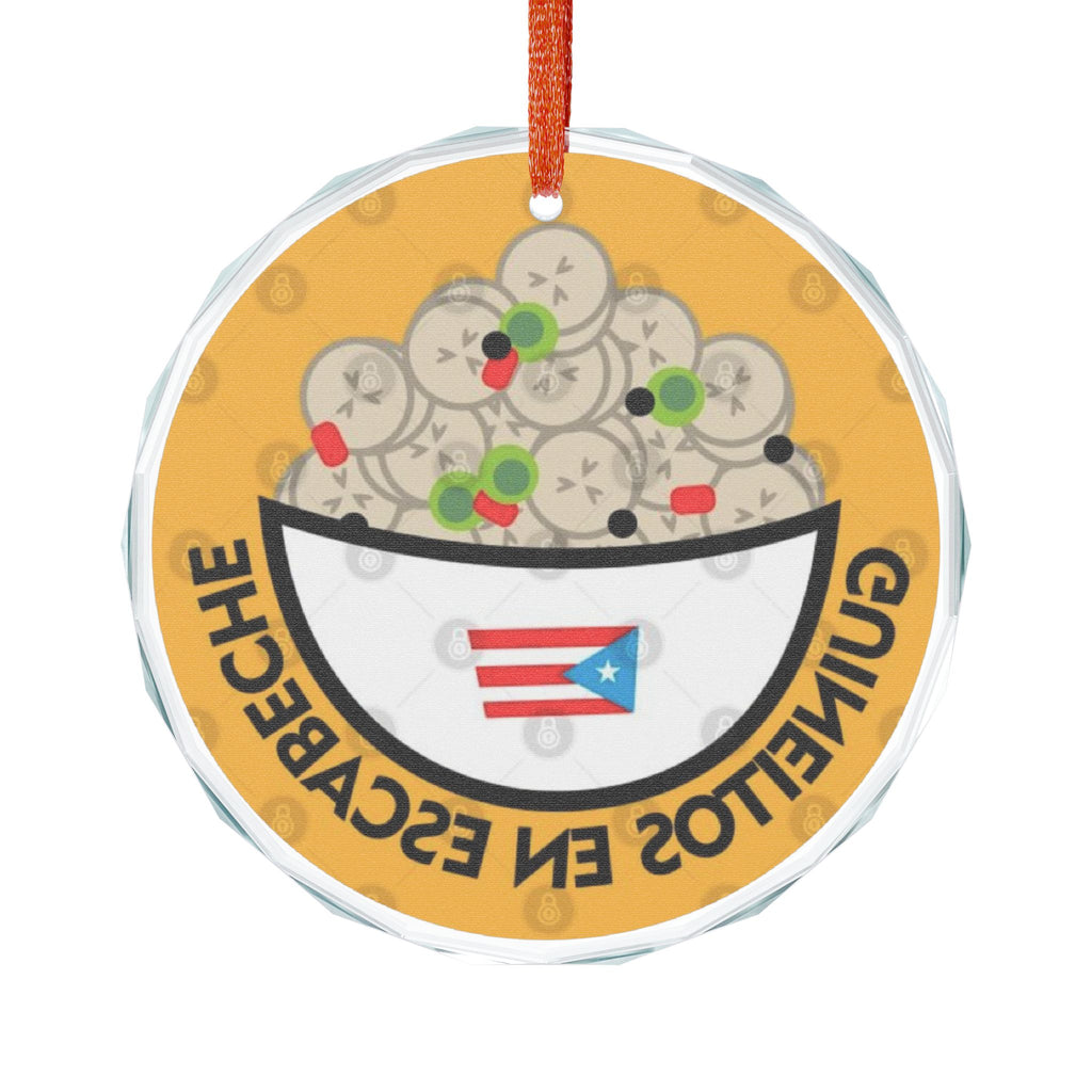 Heart-Shaped Crystal Glass Ornament - Puerto Rican Food Theme Feliz Navidad Boricua Glass Ornament