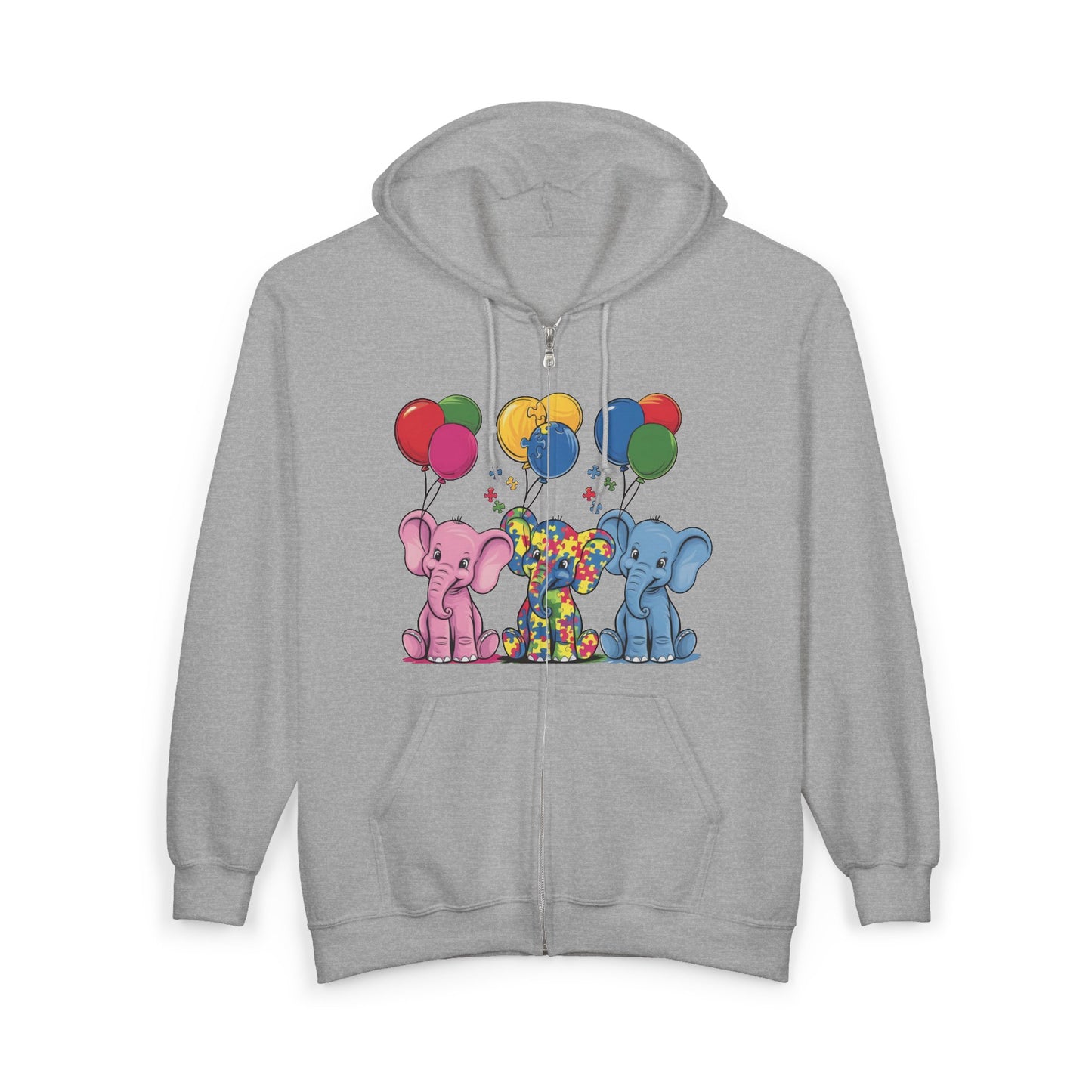 Elephant Balloon Party Hoodie - Fun Unisex Zip Sweatshirt Autism Awareness & Pride Collection.
