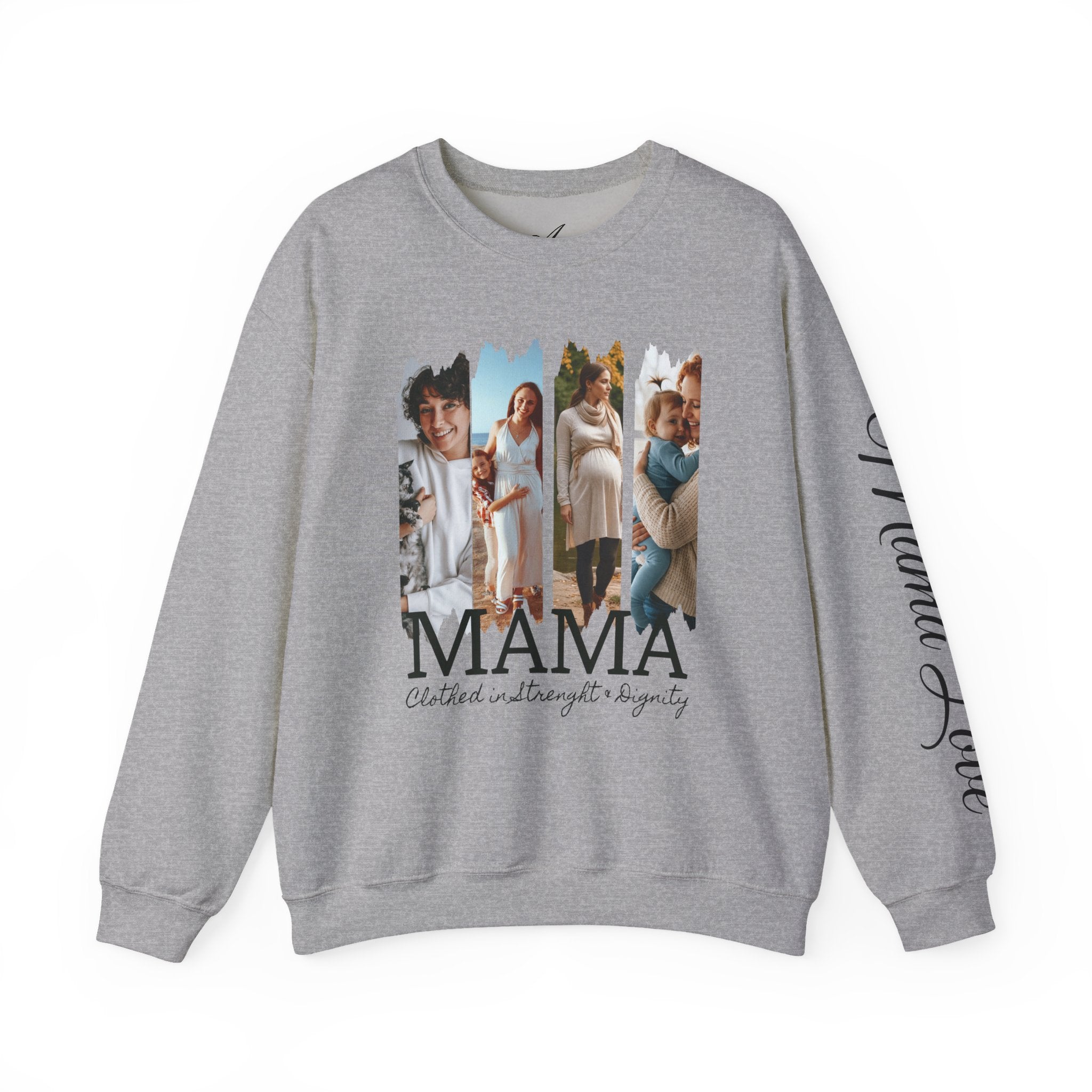 Mama Photo Collage Sweatshirt — "MAMA: clothed in strength & dignity" Sleeve Script