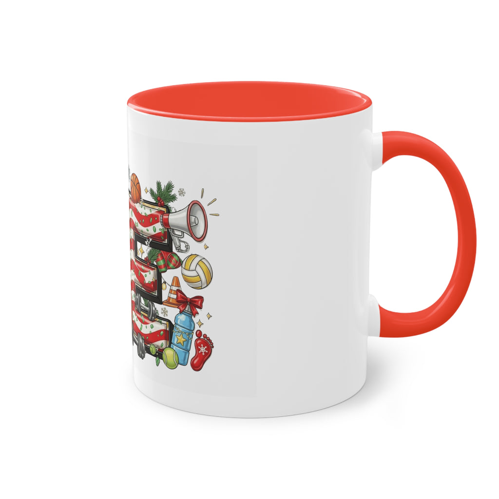 Holiday Sports Mom Coffee Mug Festive 'PE' Candy-Stripe Design, 11oz Two-Tone School Staff Christmas Mug Collection,