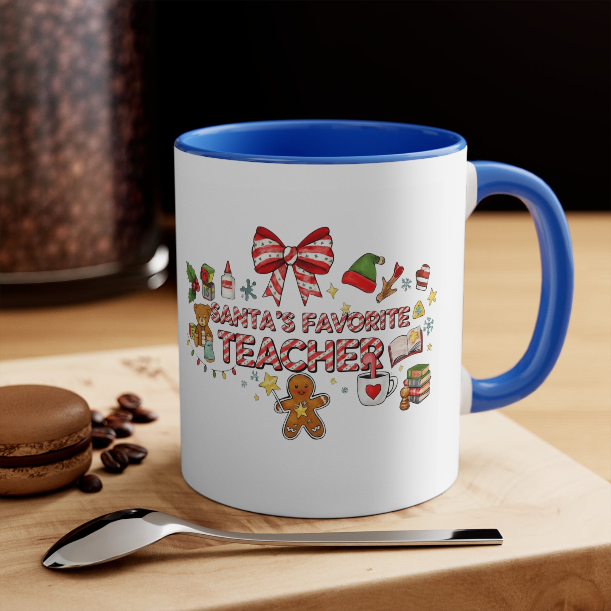 A festive Christmas mug for teachers who inspire hearts and minds all year long.  “Santa’s Favorite Teacher” 11oz Accent Coffee Cup