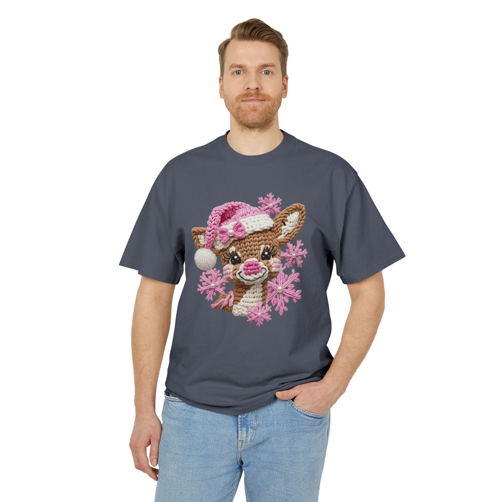 Cute Reindeer Tee — Pink Santa Hat & Snowflakes Holiday T-Shirt  cartoon-style Christmas artwork