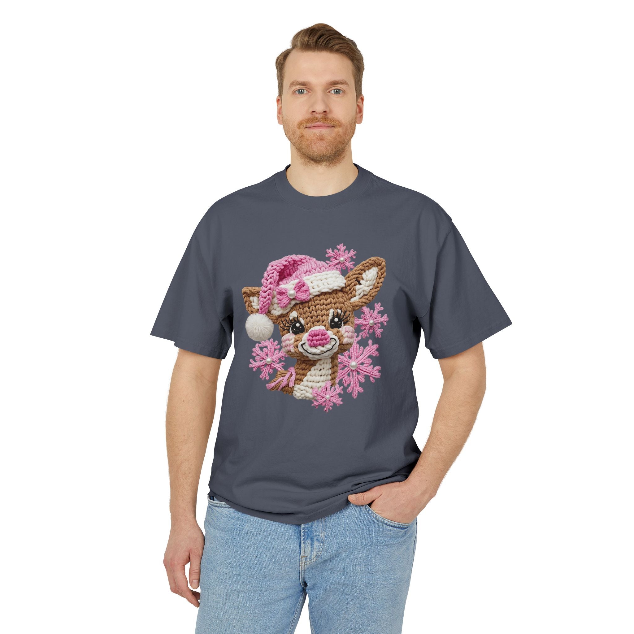 Cute Reindeer Tee — Pink Santa Hat & Snowflakes Holiday T-Shirt  cartoon-style Christmas artwork