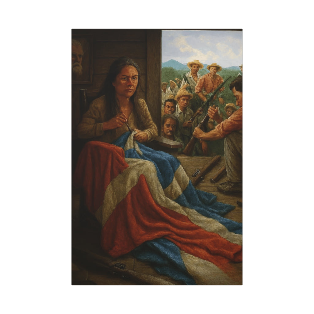 Cultural & Story-Driven  Story of Puerto Rico Woman Sewing Flag with Resolute Crowd (Historical Patriotic Wall Art)