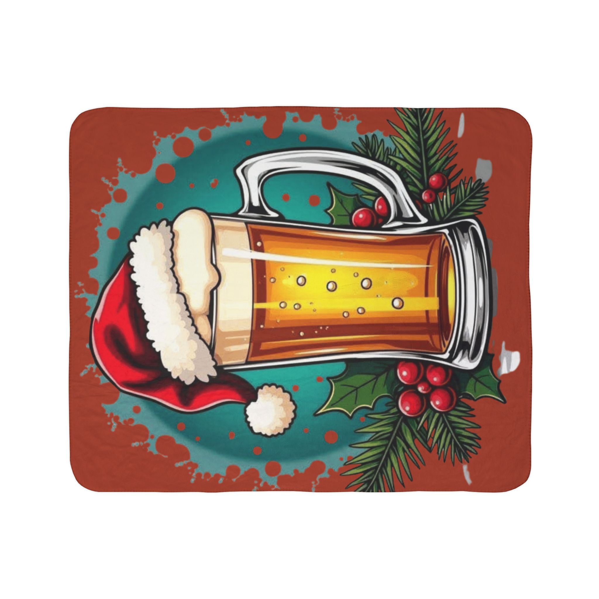 Christmas Beer Sherpa Blanket — Festive Mug with Santa Hat Holiday Throw
