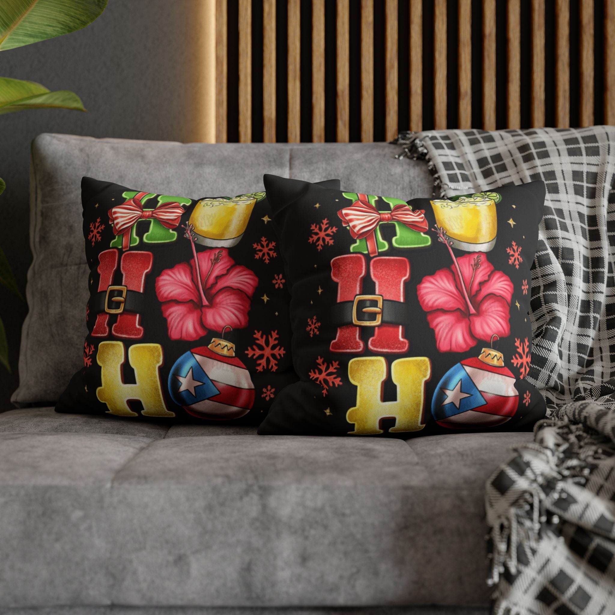 Holiday HOHO Pillow Cover  Puerto Rico Ornament, Hibiscus & Coquito Christmas Throw Pillowcase