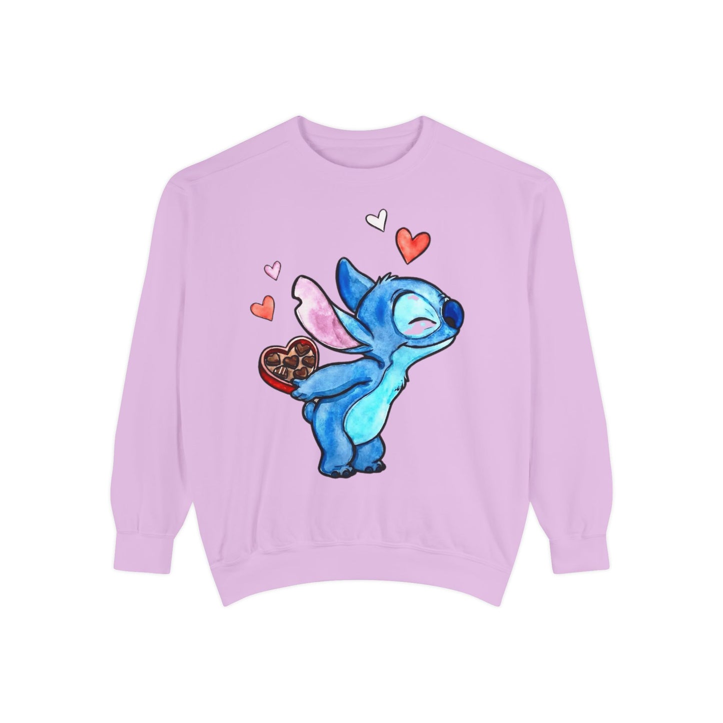 Stitch Valentine Sweatshirt — Cute Blue Alien with Hearts & Chocolate Pocket