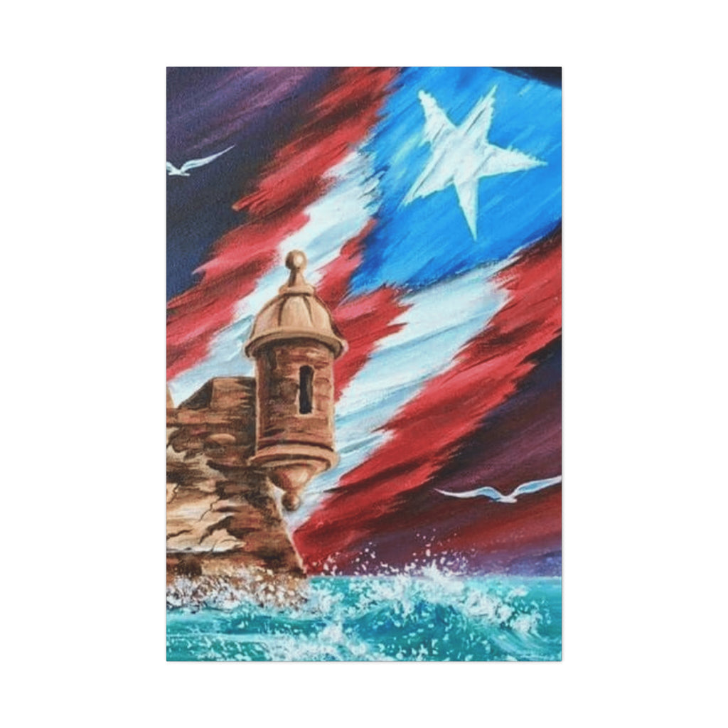 Patriotic Castillo Canvas Wall Art – Puerto Rico Flag Coastal Fortress Print