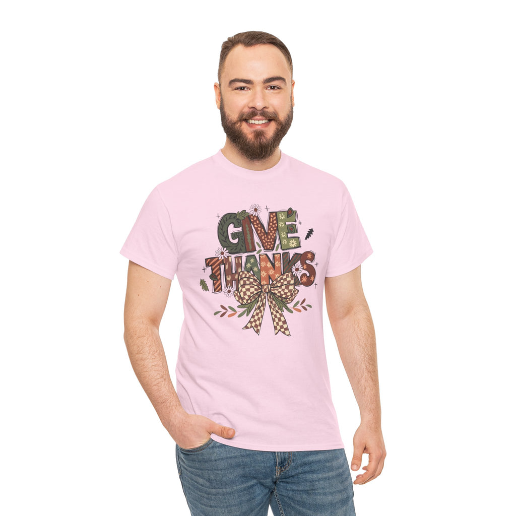 Give Thanks Tee Thanksgiving Graphic T-Shirt with Rustic Bow Design