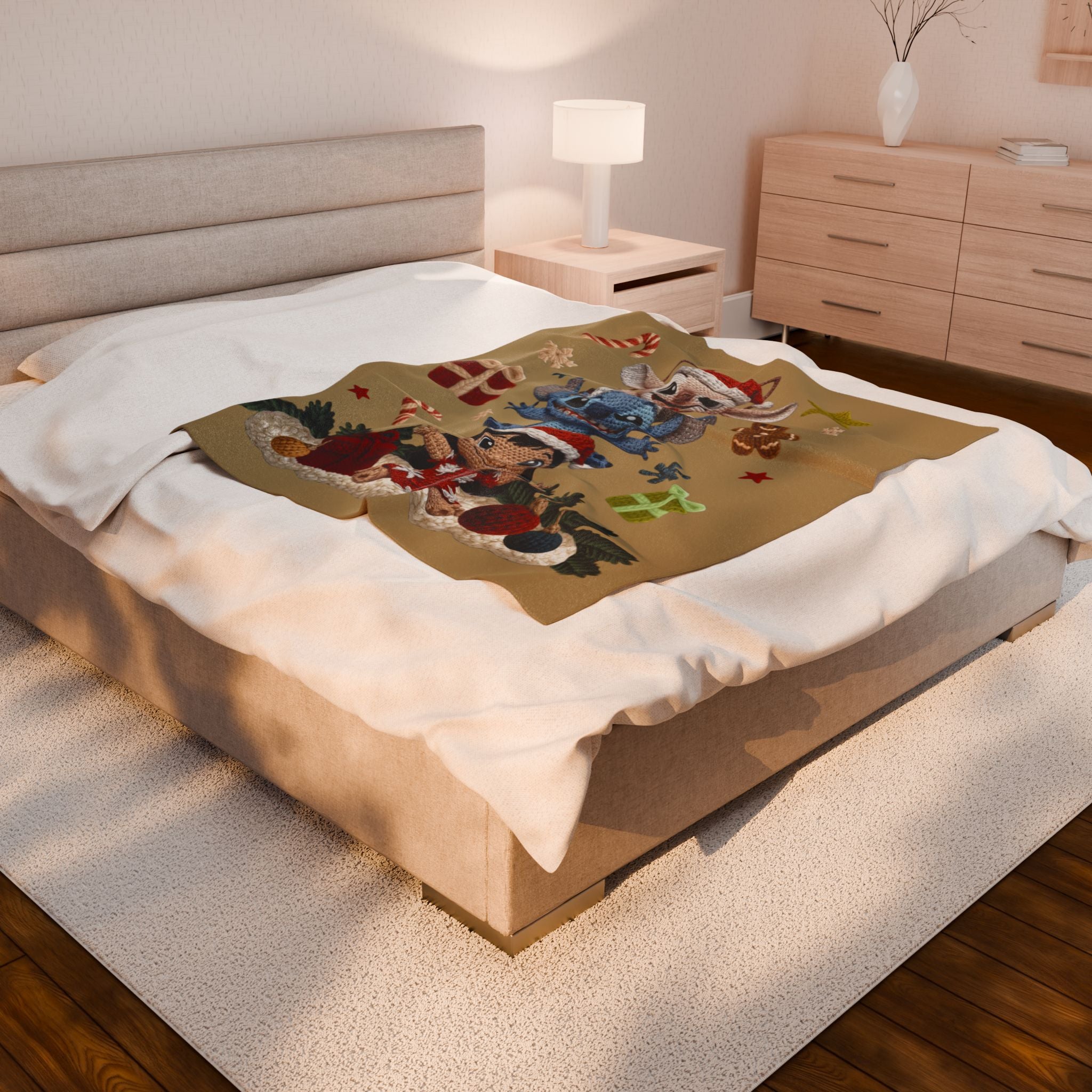 Winter Wonderland Cartoon Fleece Blanket Holiday Character Stack Velveteen Blanket Cute Christmas Stitch, Elf & Reindeer Plush Design