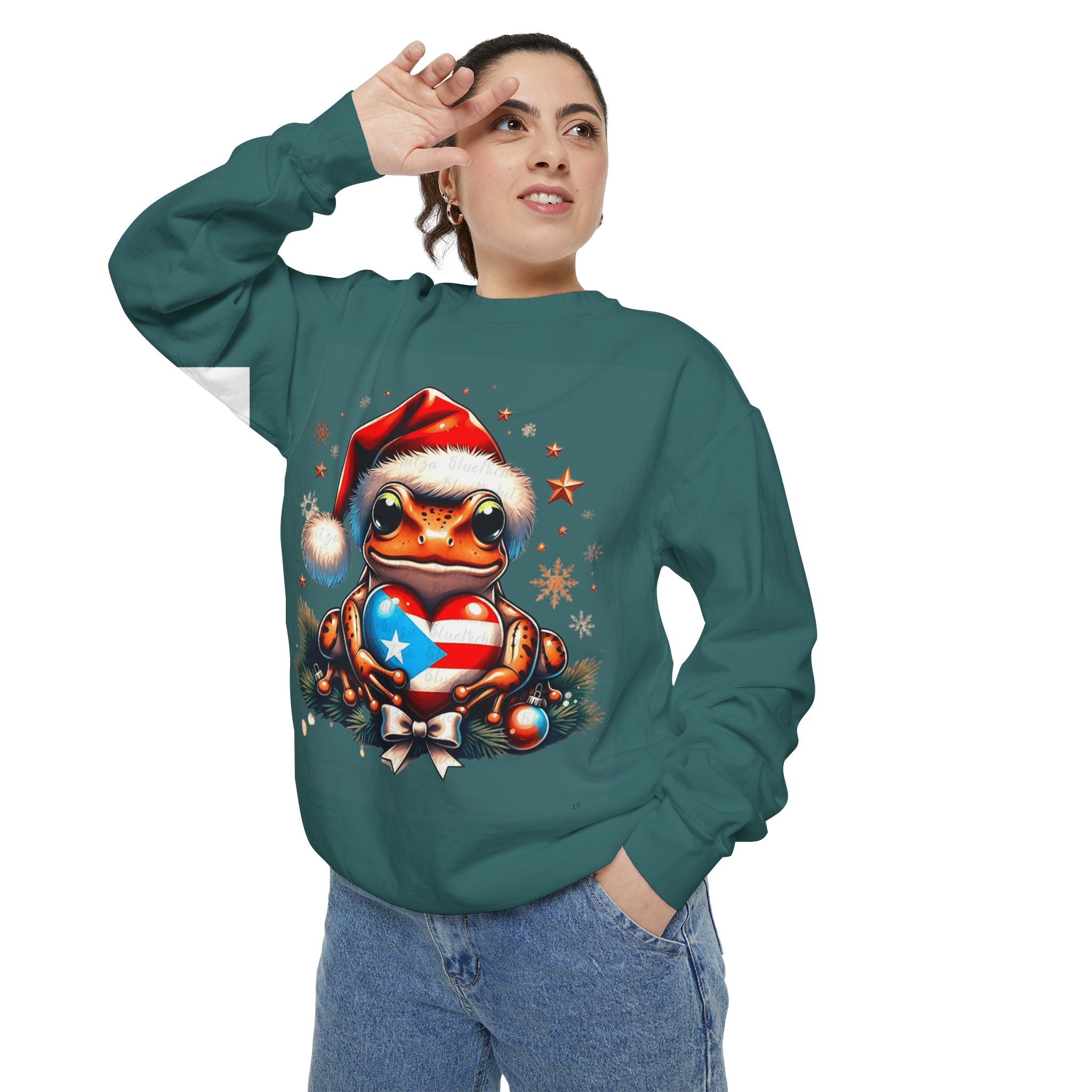 Christmas Coqui Sweatshirt — Cute Santa Frog Holding Ornament Holiday Sweater