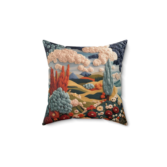 Embroidered Landscape Throw Pillow — Cozy Cottagecore Decorative Accent