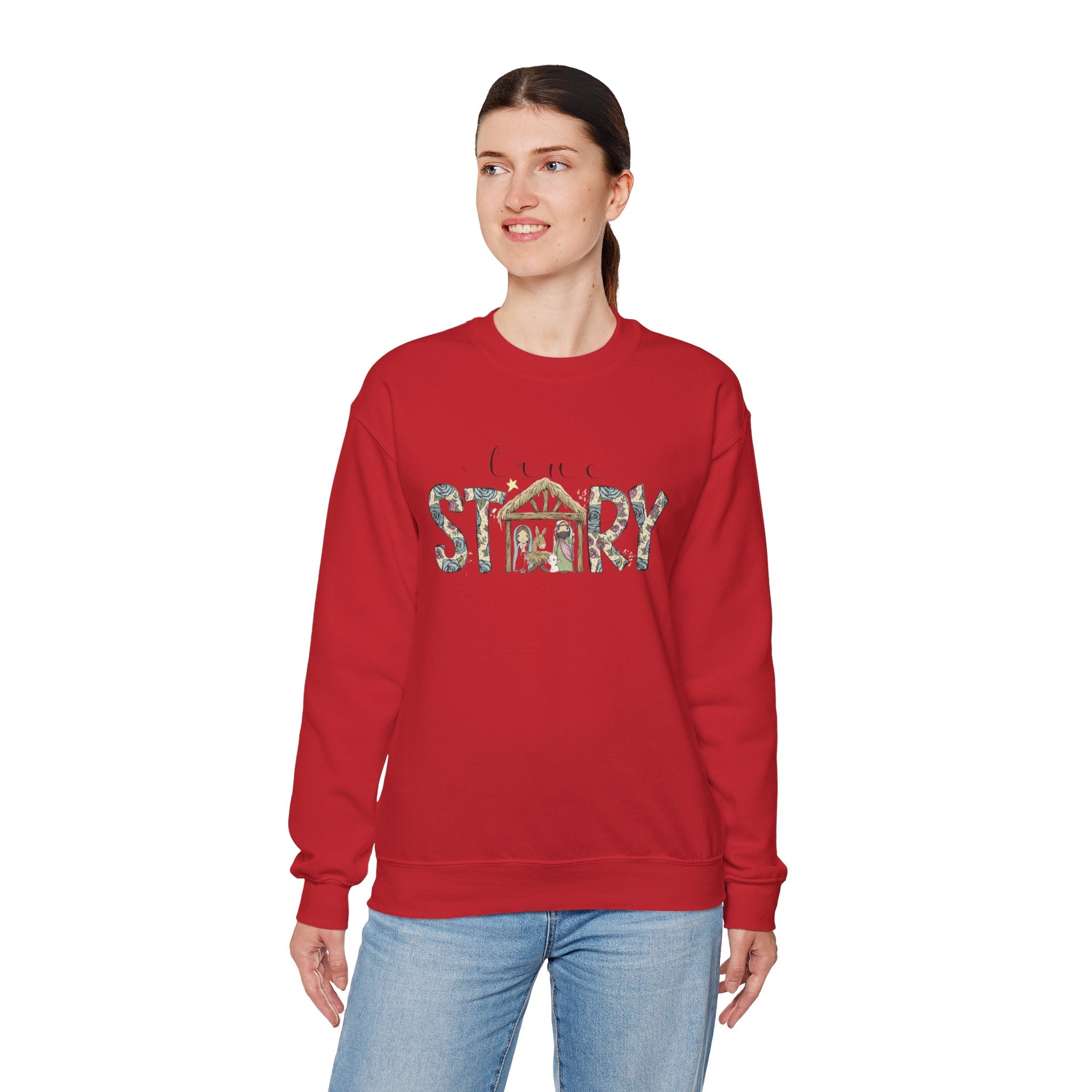 Crewneck Sweatshirt "Come Story" Floral Nativity Design  Cozy Christmas Pullover unique festive designs and joyful