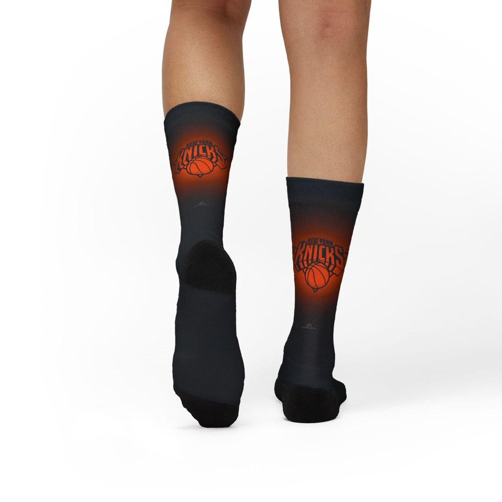 Basketball-Inspired Pattern Crew Socks — Retro Sports Sublimation Socks — Orange Gradient Crew Socks for Fans