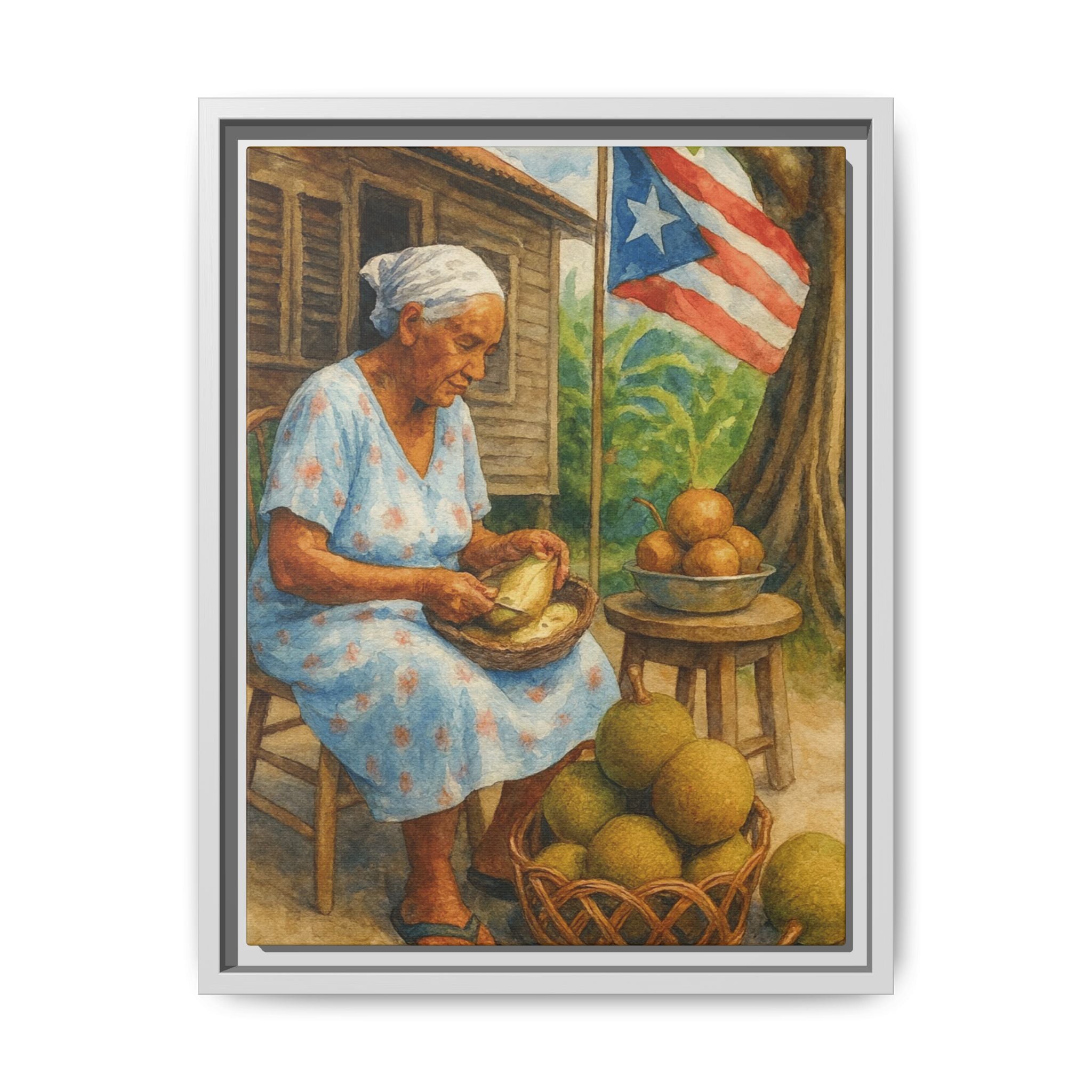 Cultural & Story-Driven These Puerto Rico inspired  Framed Matte Canvas Print  Woman Shelling Fruit Vintage Tropical Painting