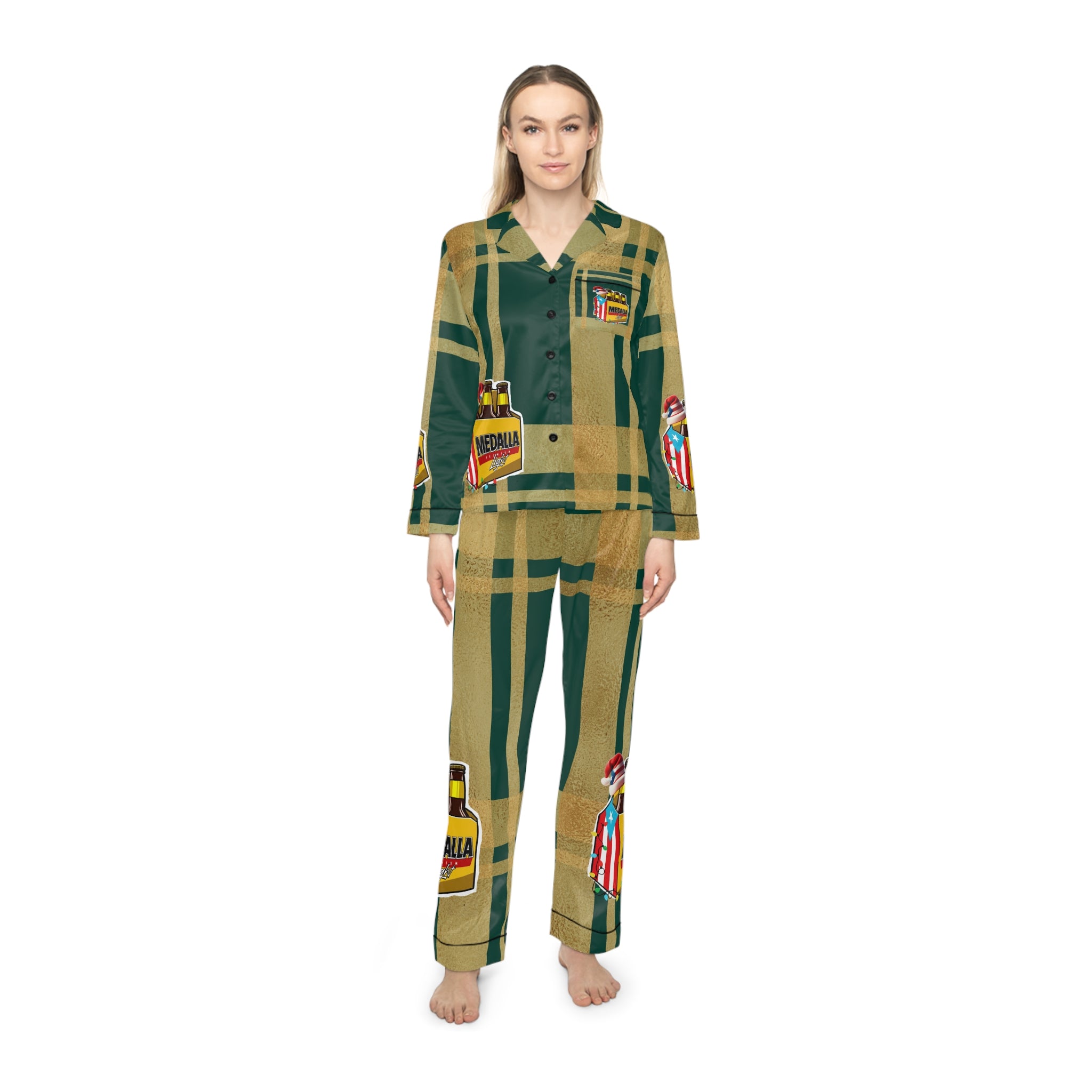 Medalla P'J Christmas morning traditions Women's Satin Pajamas (AOP)