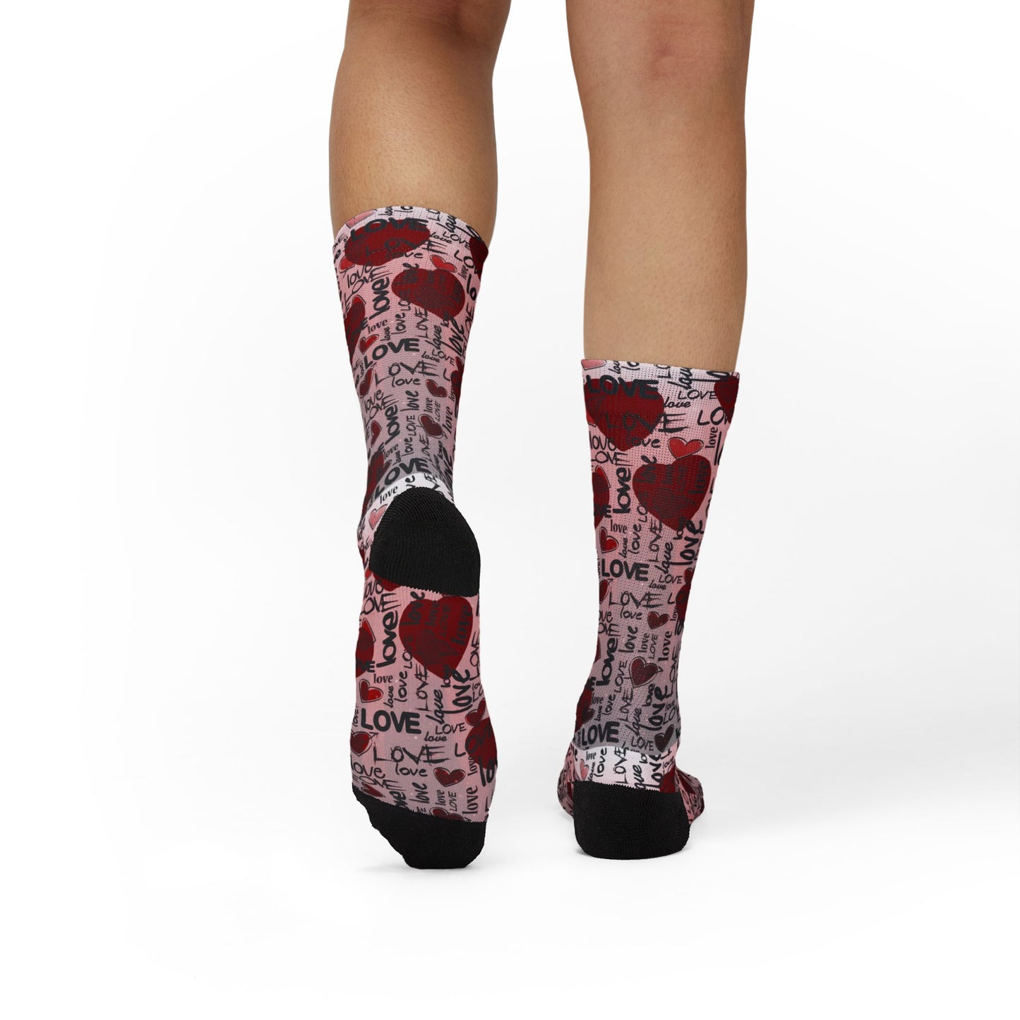 Valentine Heart Sublimation Socks – I Love You Pattern, Red Rose & Script Crew Socks