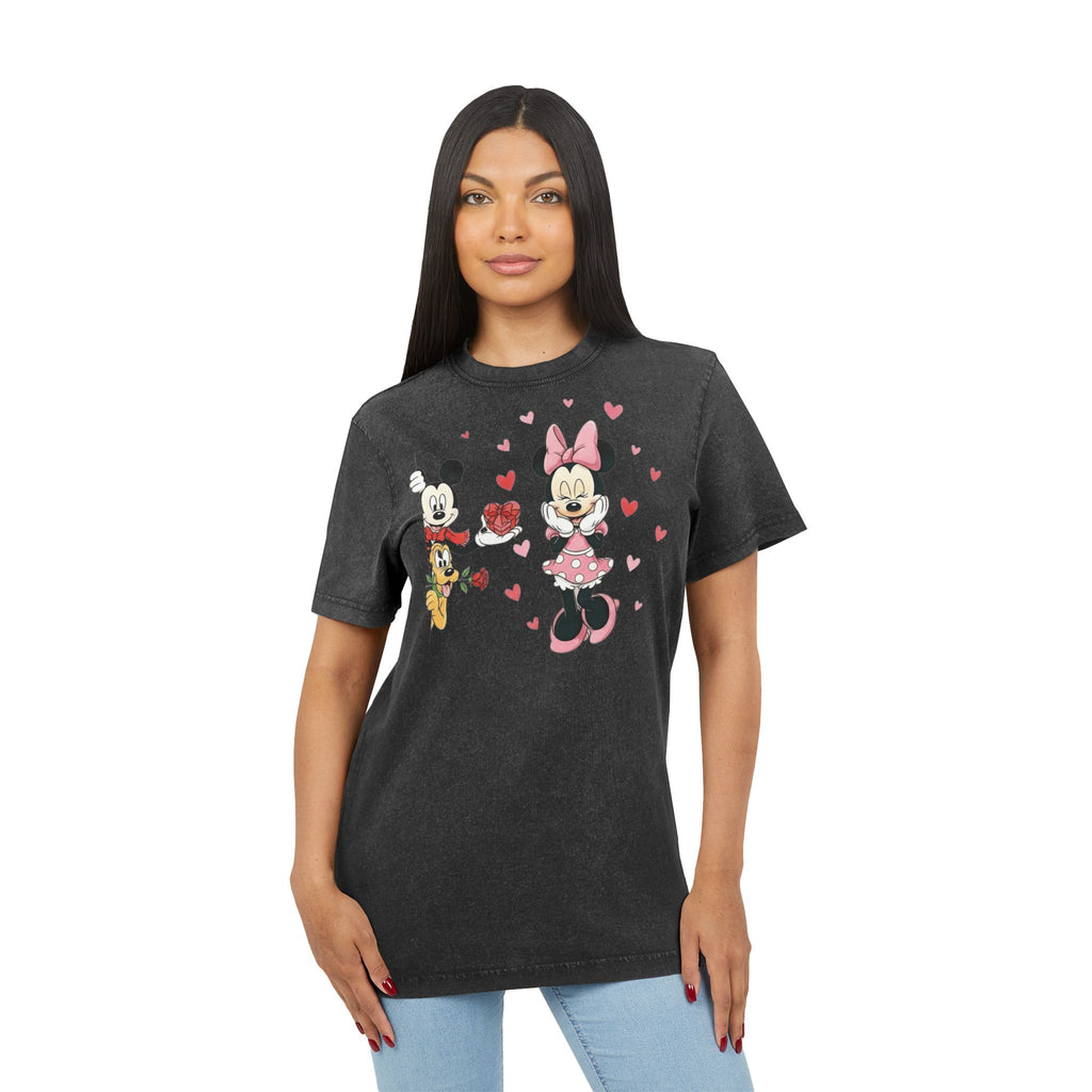 Vintage Acid-Wash Tee — Cute Cartoon Couple with Hearts