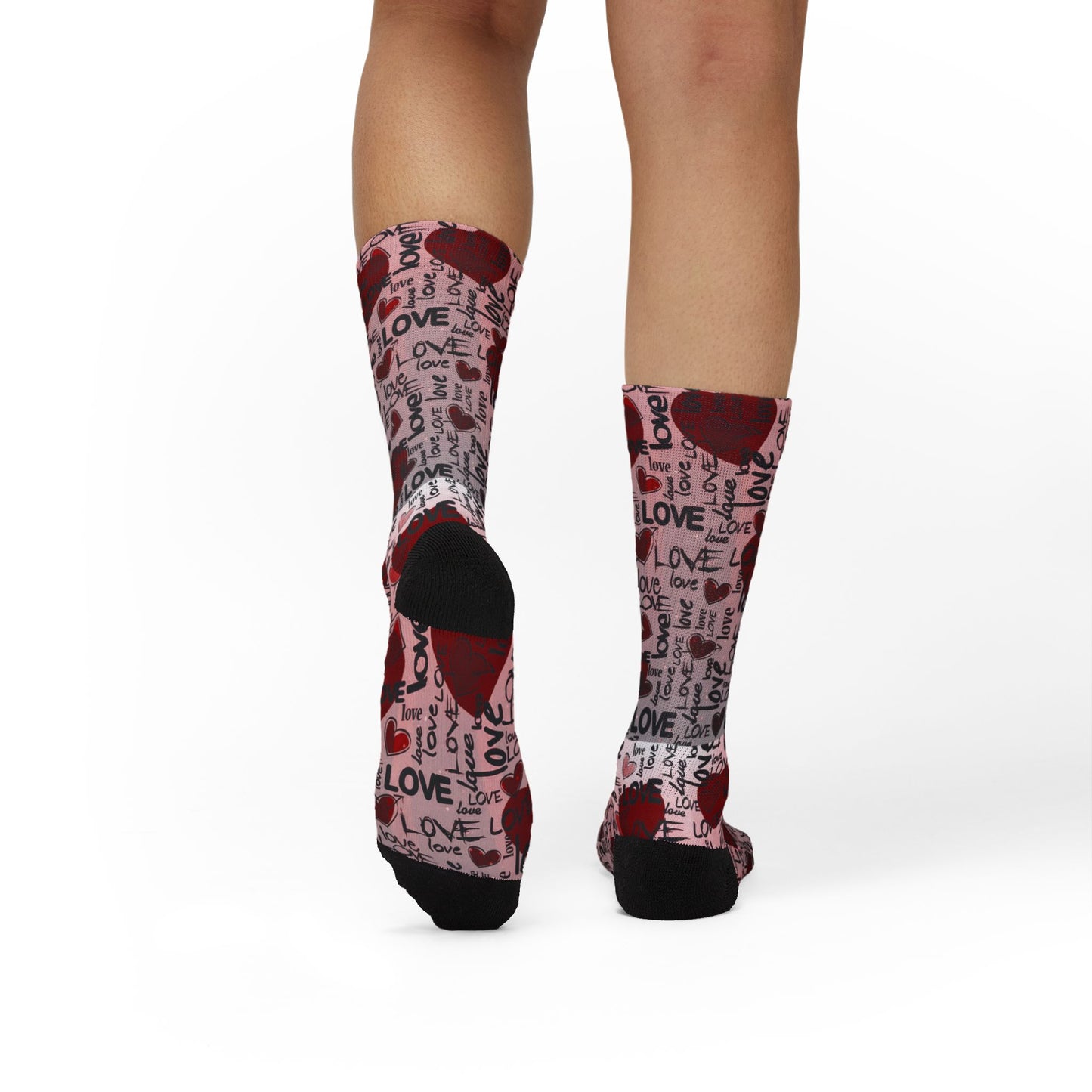Valentine Heart Sublimation Socks – I Love You Pattern, Red Rose & Script Crew Socks
