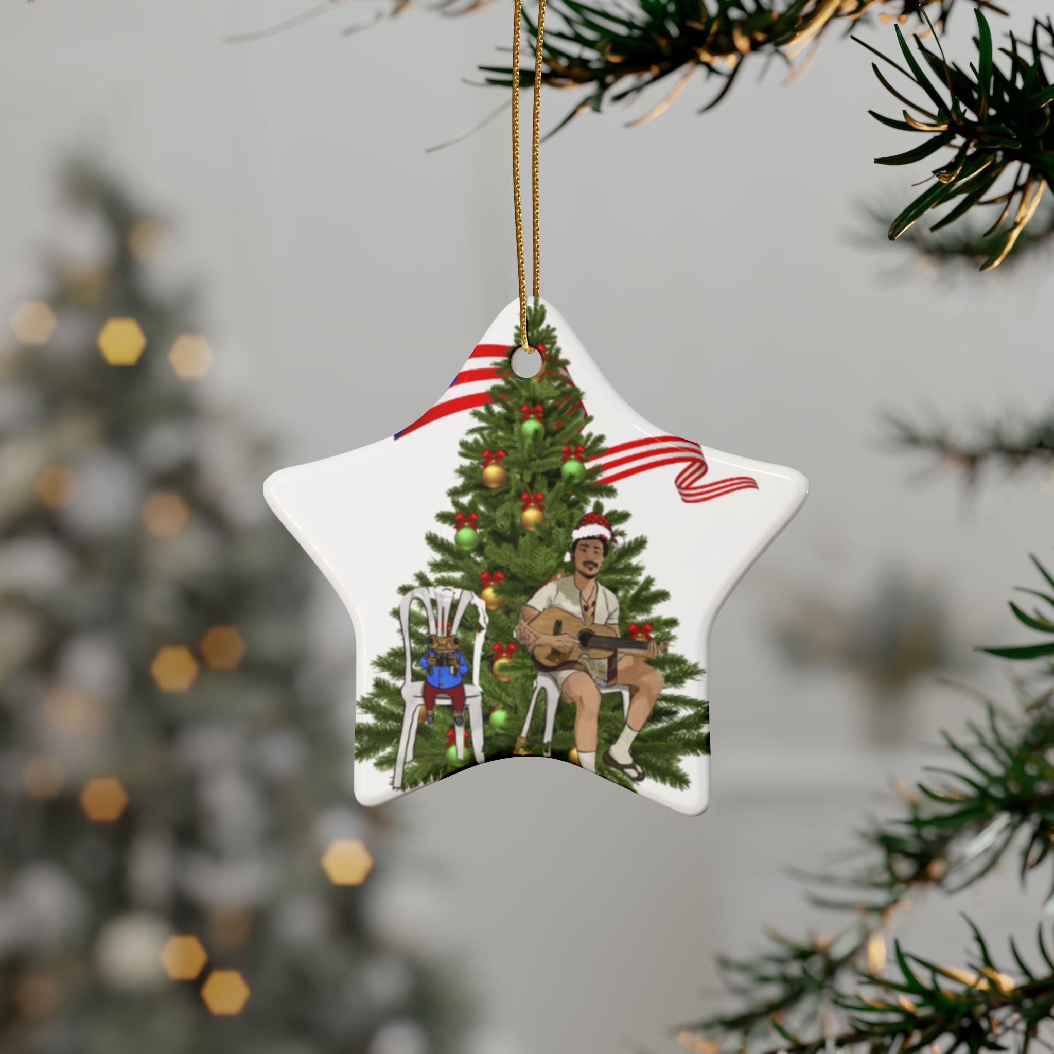 Puerto Rican Christmas Ornament Coquí & Palm Tree Ornament  Festive Tree with Guitarist Ceramic Heart Ornament