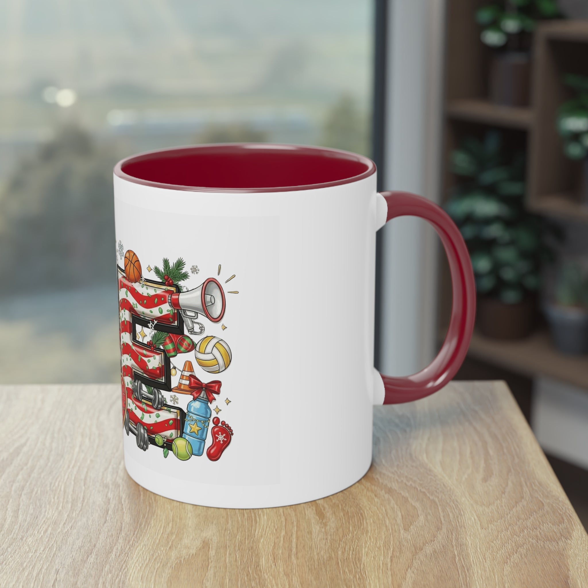 Holiday Sports Mom Coffee Mug Festive 'PE' Candy-Stripe Design, 11oz Two-Tone School Staff Christmas Mug Collection,