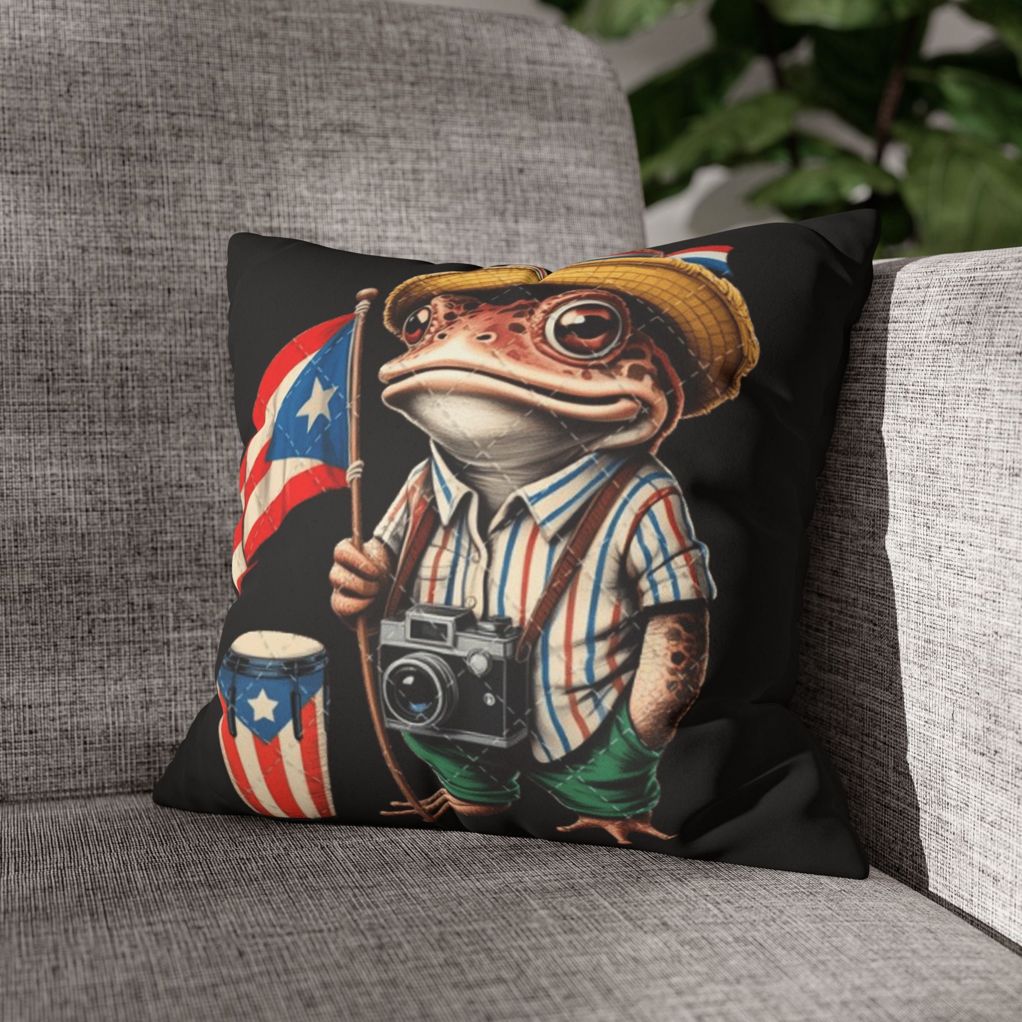 Puerto Rican Flag Frog Faux Suede Pillowcase  Tourist Toad Camera Design Puerto Rico Culture Pillow