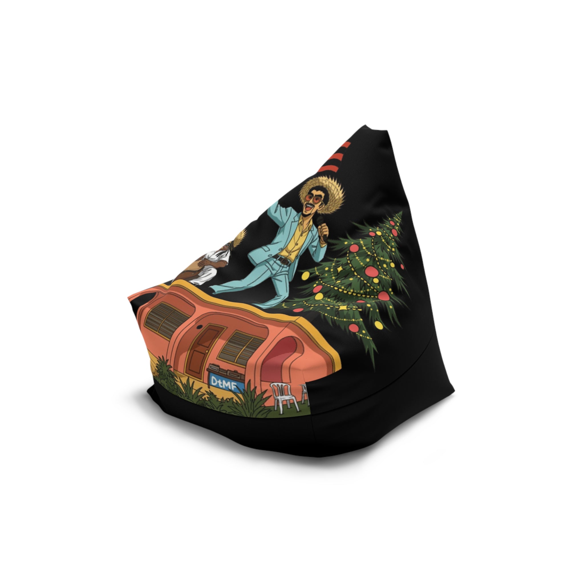 Puerto Rico Navidades Benito Bean Bag Chair Cover  Retro Camper Vibes Graphic (Man in Straw Hat, Palm Trees & Trailer)