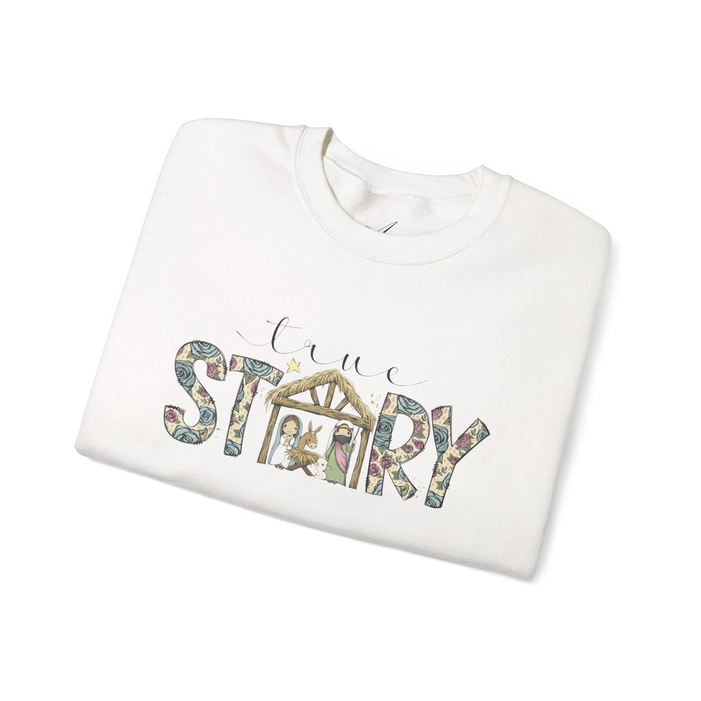 Crewneck Sweatshirt "Come Story" Floral Nativity Design  Cozy Christmas Pullover unique festive designs and joyful