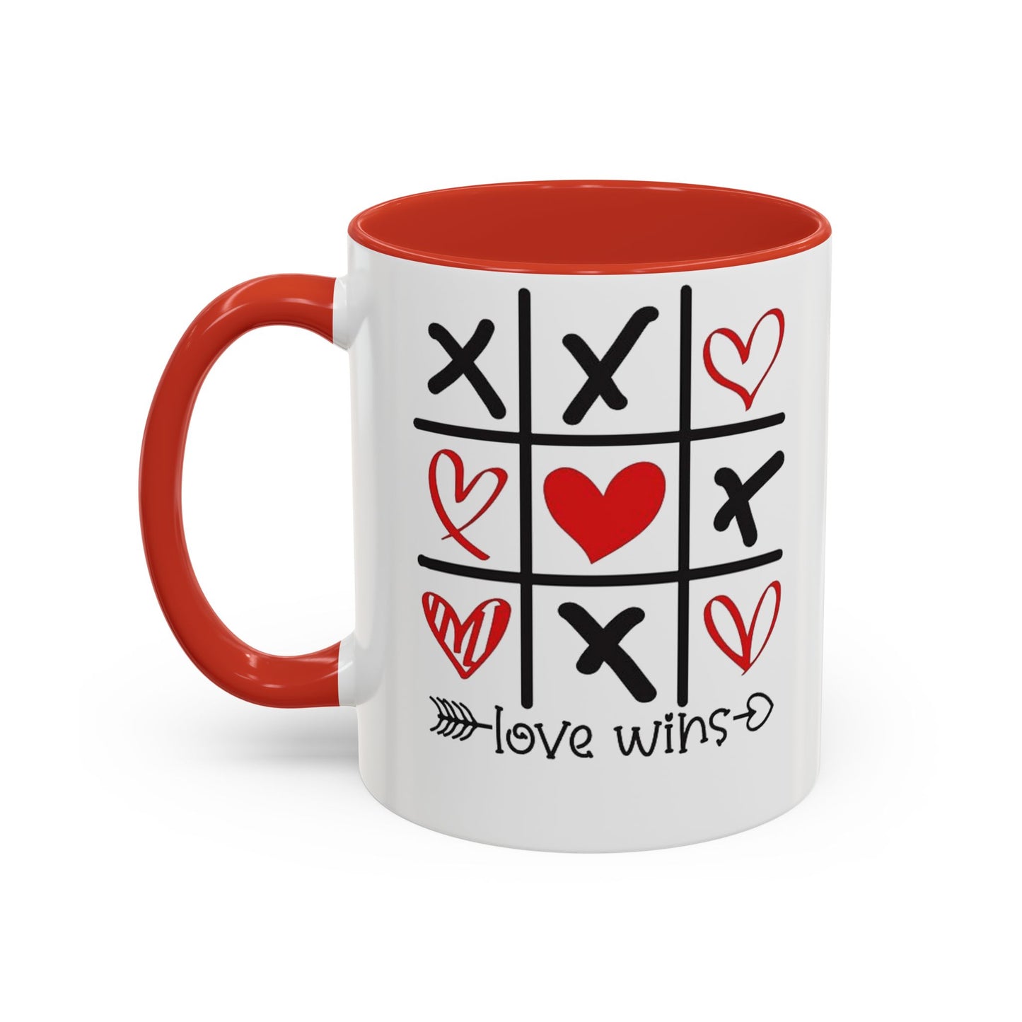 Love Wins Tic-Tac-Toe Heart Accent Coffee Mug — Romantic Valentine 11/15oz