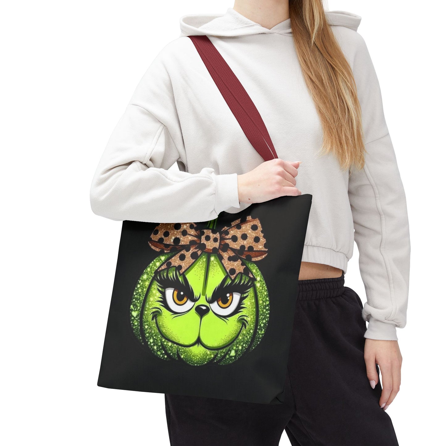 Grinch-Inspired Tote Bag with Polka Dot Bow Christmas Tote Bag Festive Holiday Design