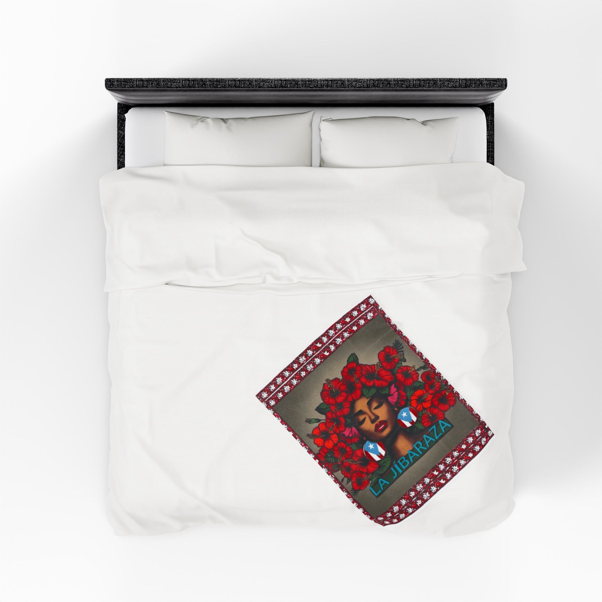 La Jíbaraza Velveteen Plush Blanket  Puerto Rican Floral Afro-Latina Portrait Throw