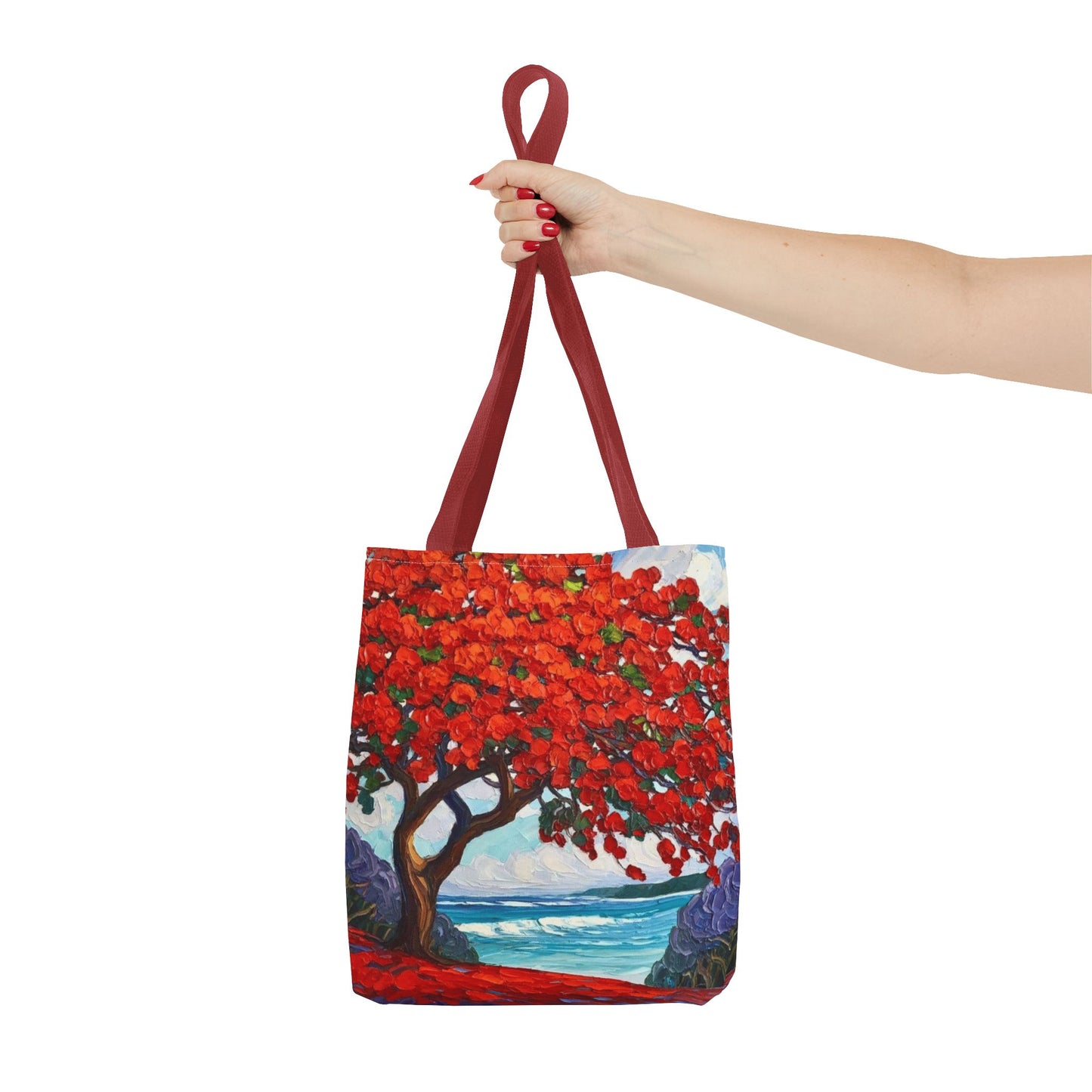 Red Blossom Beach Tote - Tropical Tree Art All-Over Print Tote Bag Crochet-Decorated Tote Bags