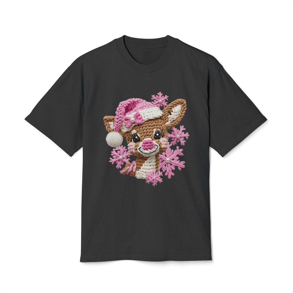 Cute Reindeer Tee — Pink Santa Hat & Snowflakes Holiday T-Shirt  cartoon-style Christmas artwork