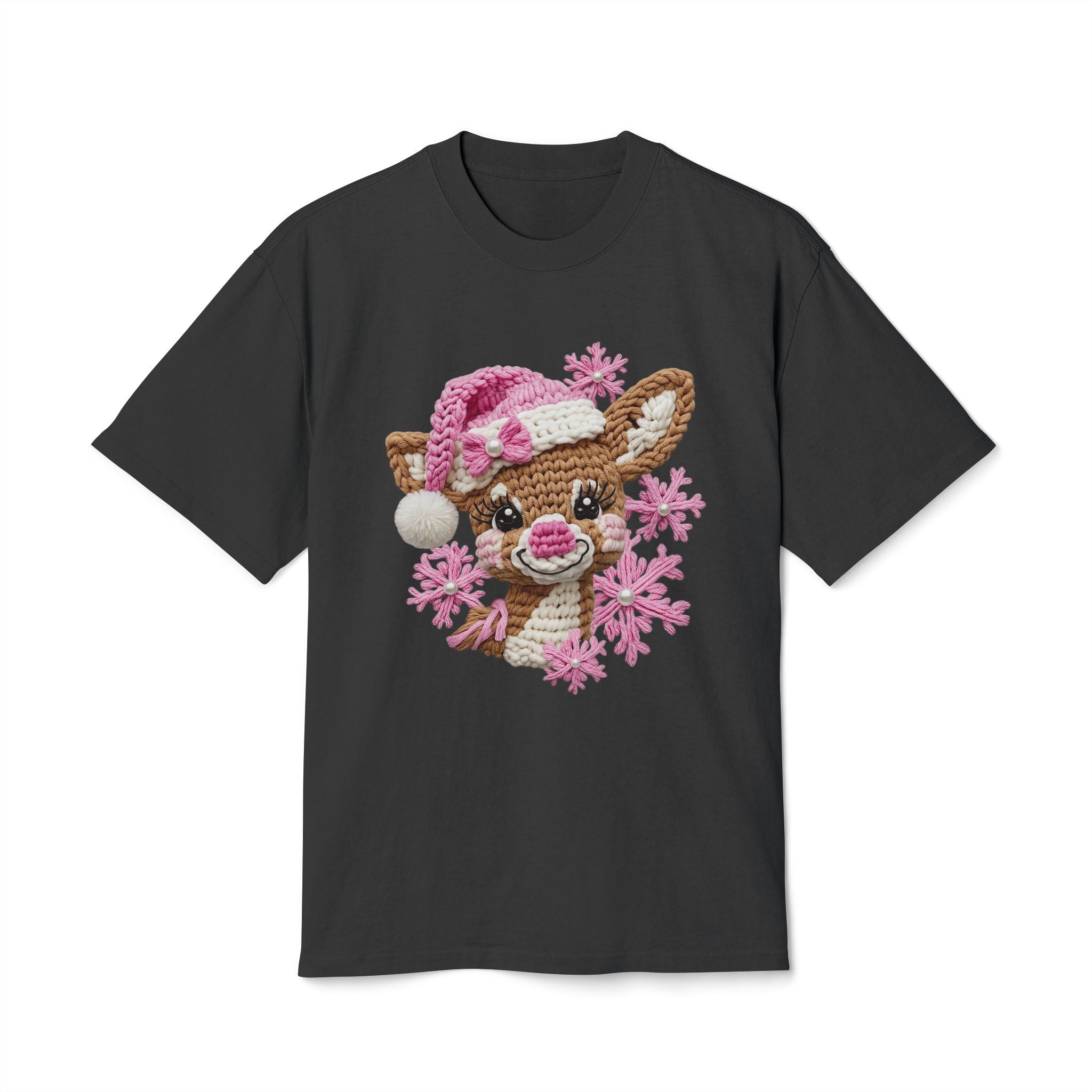 Cute Reindeer Tee — Pink Santa Hat & Snowflakes Holiday T-Shirt  cartoon-style Christmas artwork