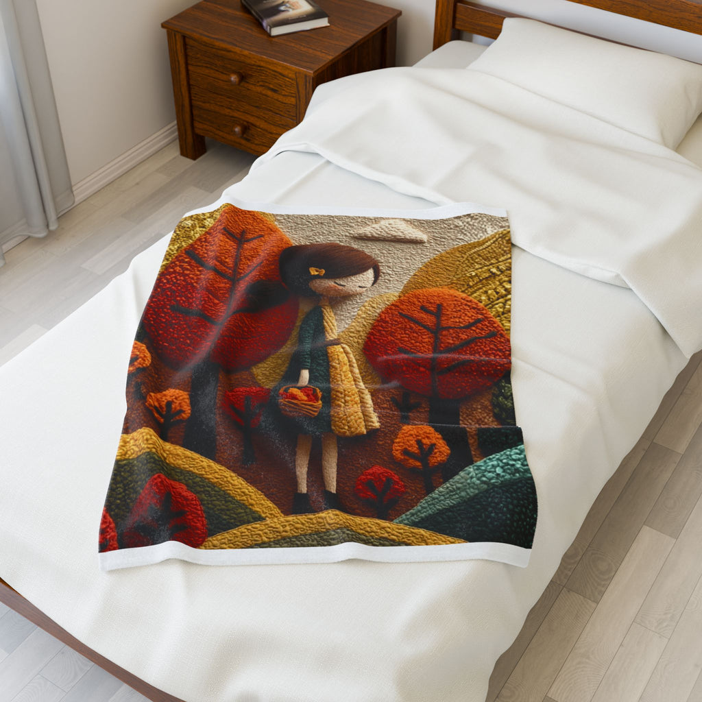 Autumn Forest Girl Plush Blanket — Cozy Velveteen Fall Throw
