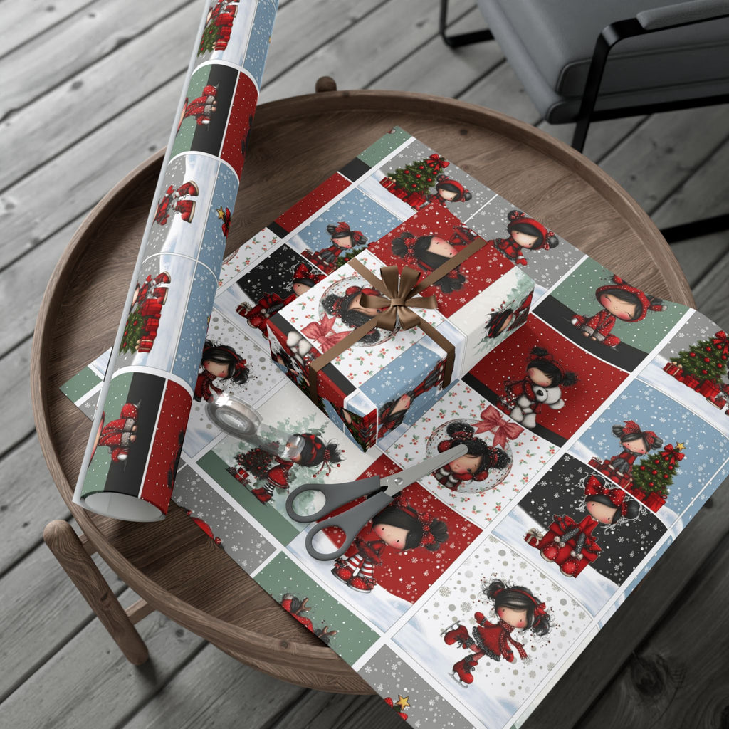 Festive Wrapping Paper Gift Wrap Papers - Cute Holiday Girl Patterned Wrapping Paper Rolls (Snow, Red Bows)