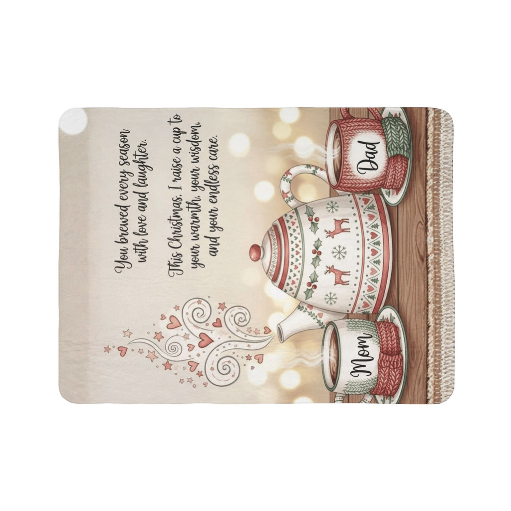 Christmas Tea Tribute Fleece Sherpa Blanket  "Mom" & "Dad" Cozy Holiday Message Holiday Christmas Blanket,