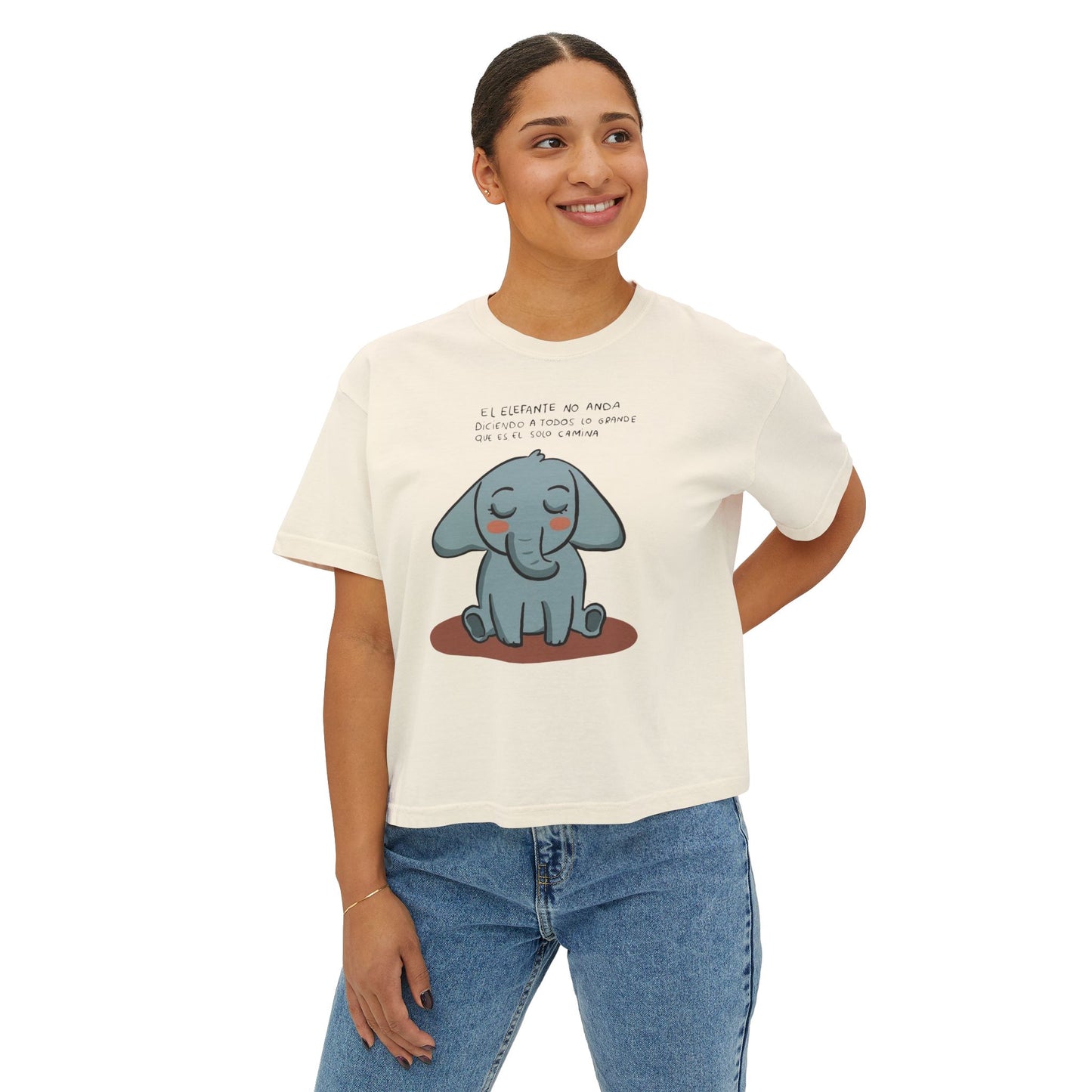 🌸 🧘‍♀️ Viste tu paz – Que tu energía hable primero Cute Elephant Women's Boxy Tee, Relaxed Fit Shirt, Gift for Animal Lovers, Casual Wear,