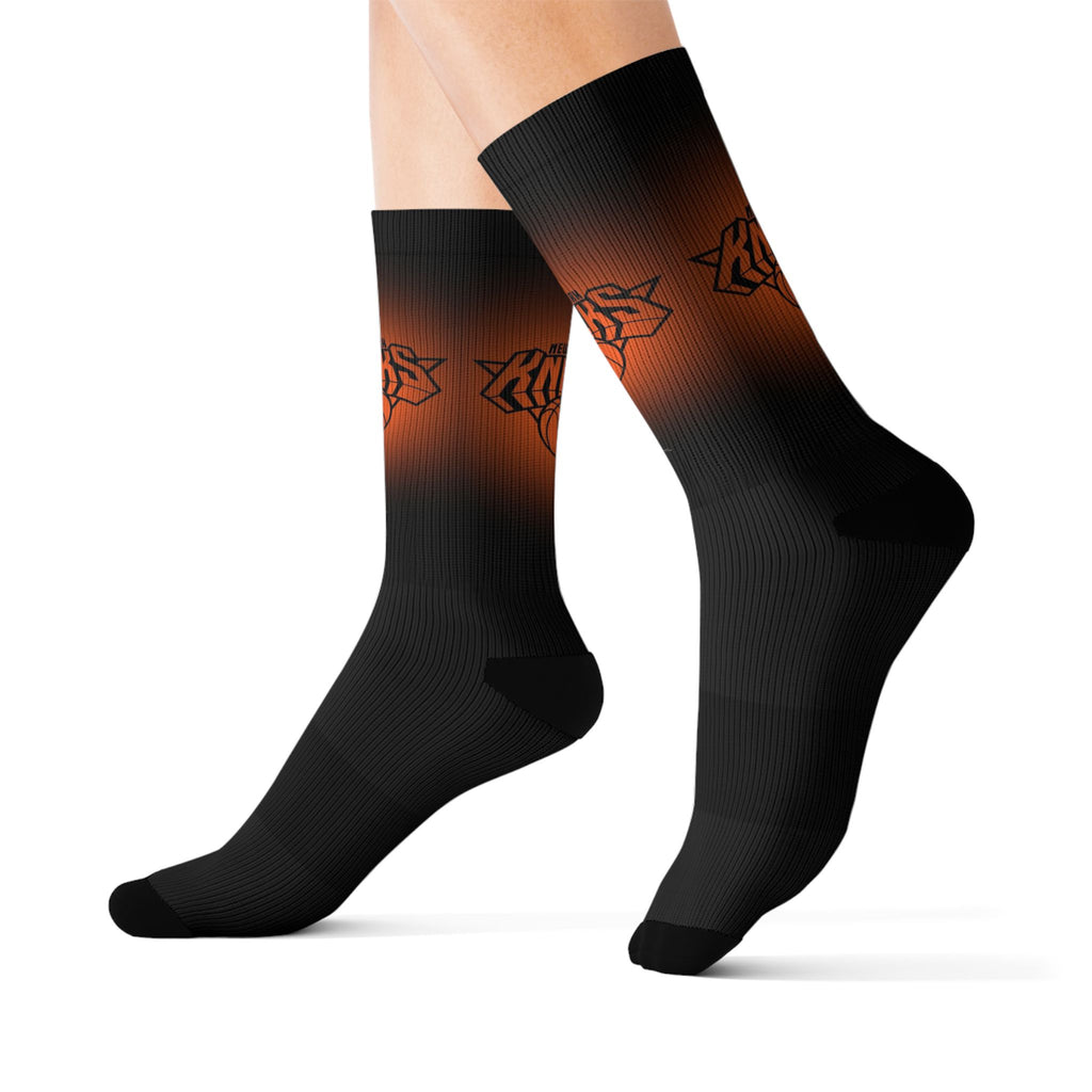 Basketball-Inspired Pattern Crew Socks — Retro Sports Sublimation Socks — Orange Gradient Crew Socks for Fans