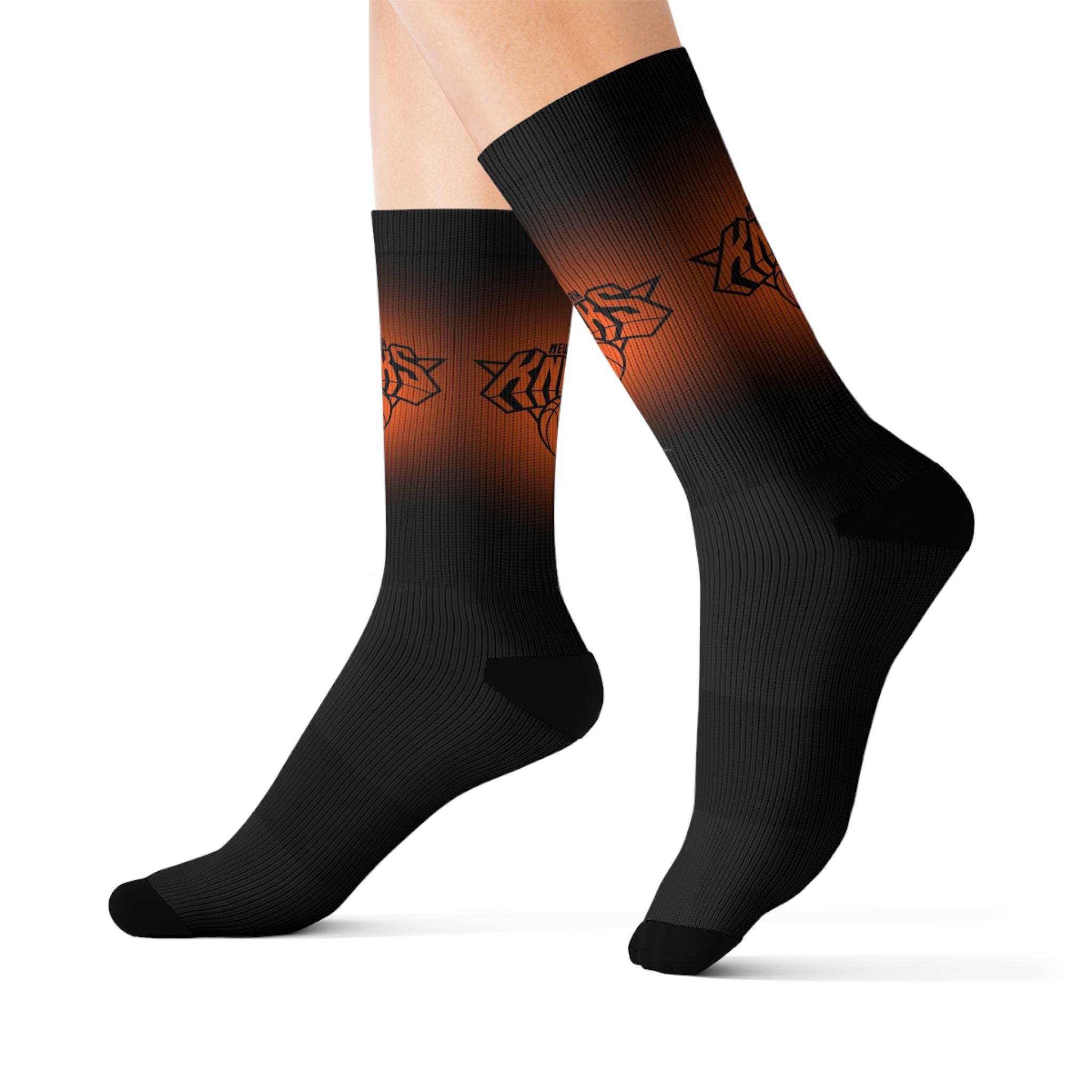 Basketball-Inspired Pattern Crew Socks — Retro Sports Sublimation Socks — Orange Gradient Crew Socks for Fans