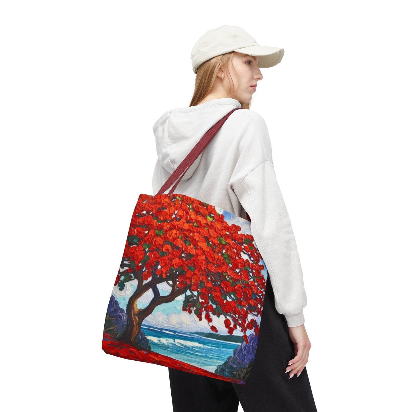 Red Blossom Beach Tote - Tropical Tree Art All-Over Print Tote Bag Crochet-Decorated Tote Bags