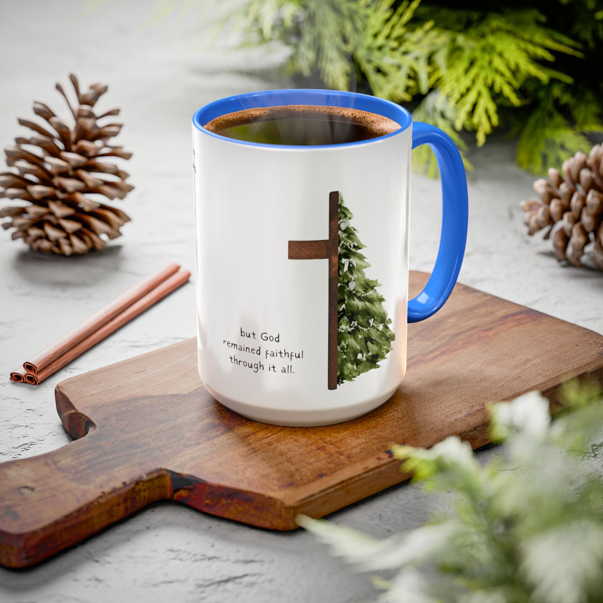 Christian Cross & Pine Tree Mug — Faith Reminder Coffee Cup (11oz/15oz)