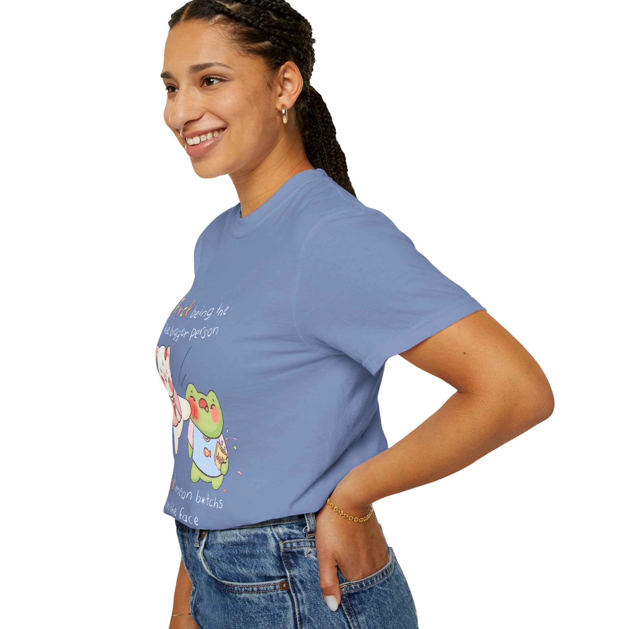Graphic T-Shirt  Cute Kicking Cat & Frog with 'F*ck Being The Bigger Person' Slogan