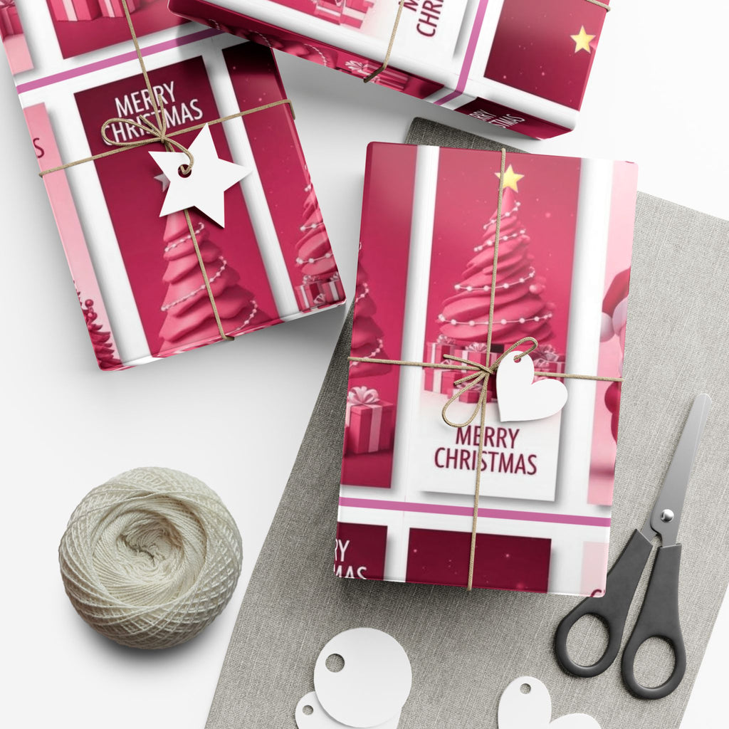 Christmas Gift Wrap Paper - Pink Merry Christmas Star & Tree Holiday Wrapping Sheets