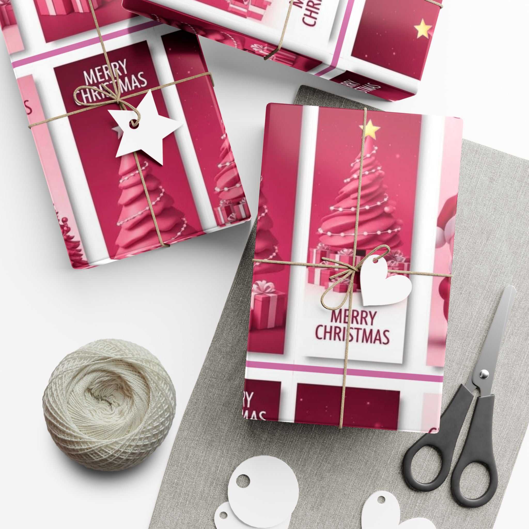 Christmas Gift Wrap Paper - Pink Merry Christmas Star & Tree Holiday Wrapping Sheets
