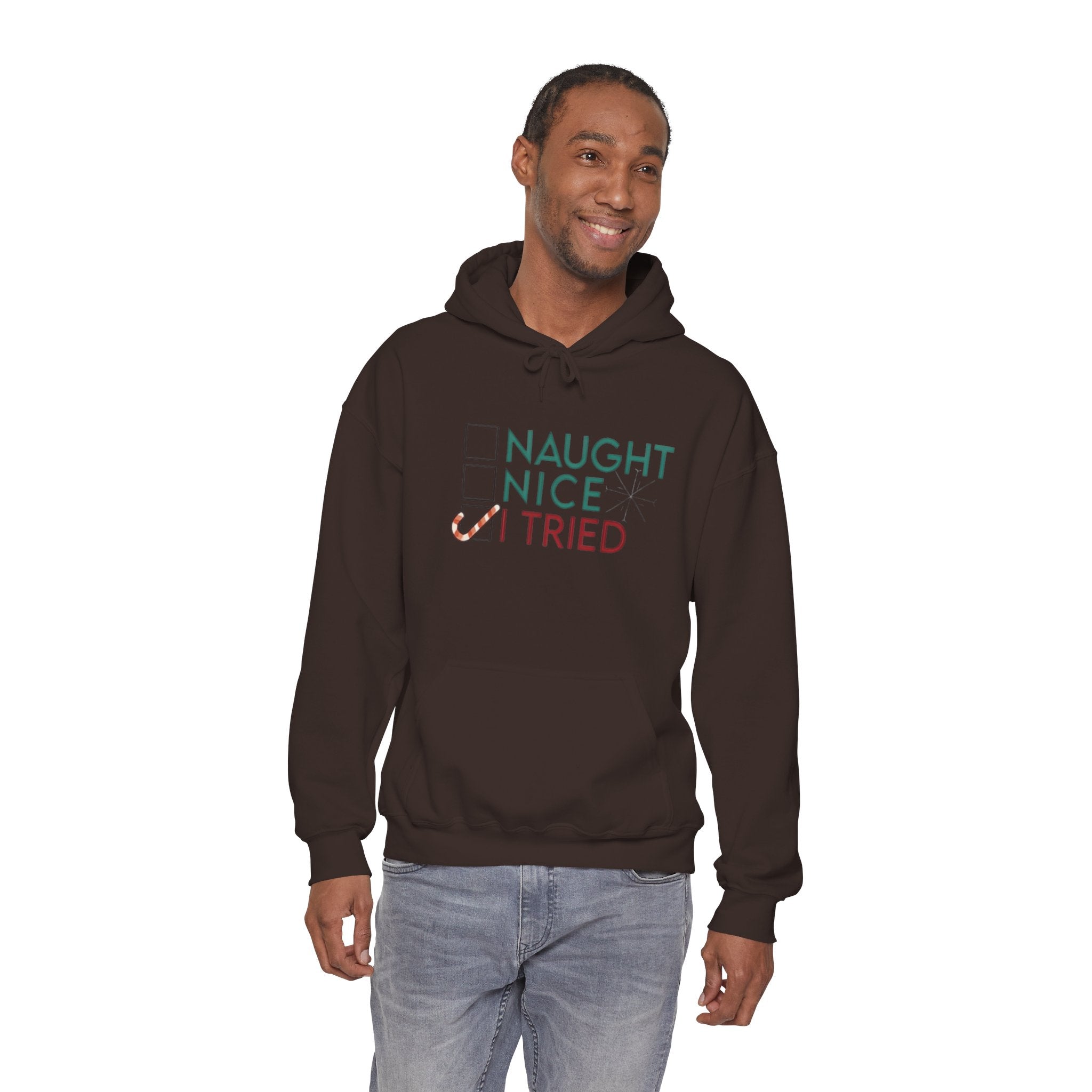 Holiday Hoodie — "Naughty, Nice, I Tried" Funny Christmas Sweatshirt