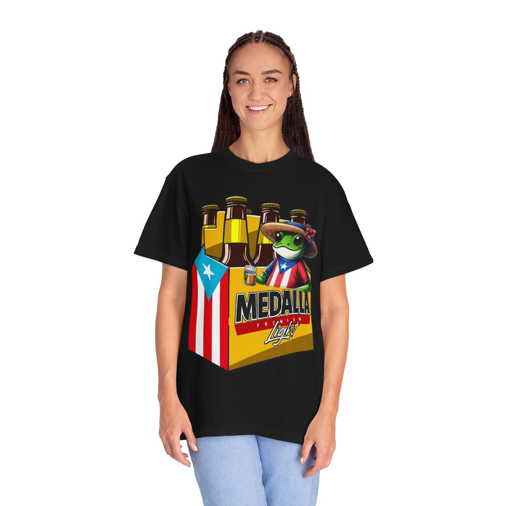 Medalla Light Puerto Rican Beer T-Shirt Coqui Frog Mascot Six-Pack Graphic Tee Puerto Rico’s Navidades