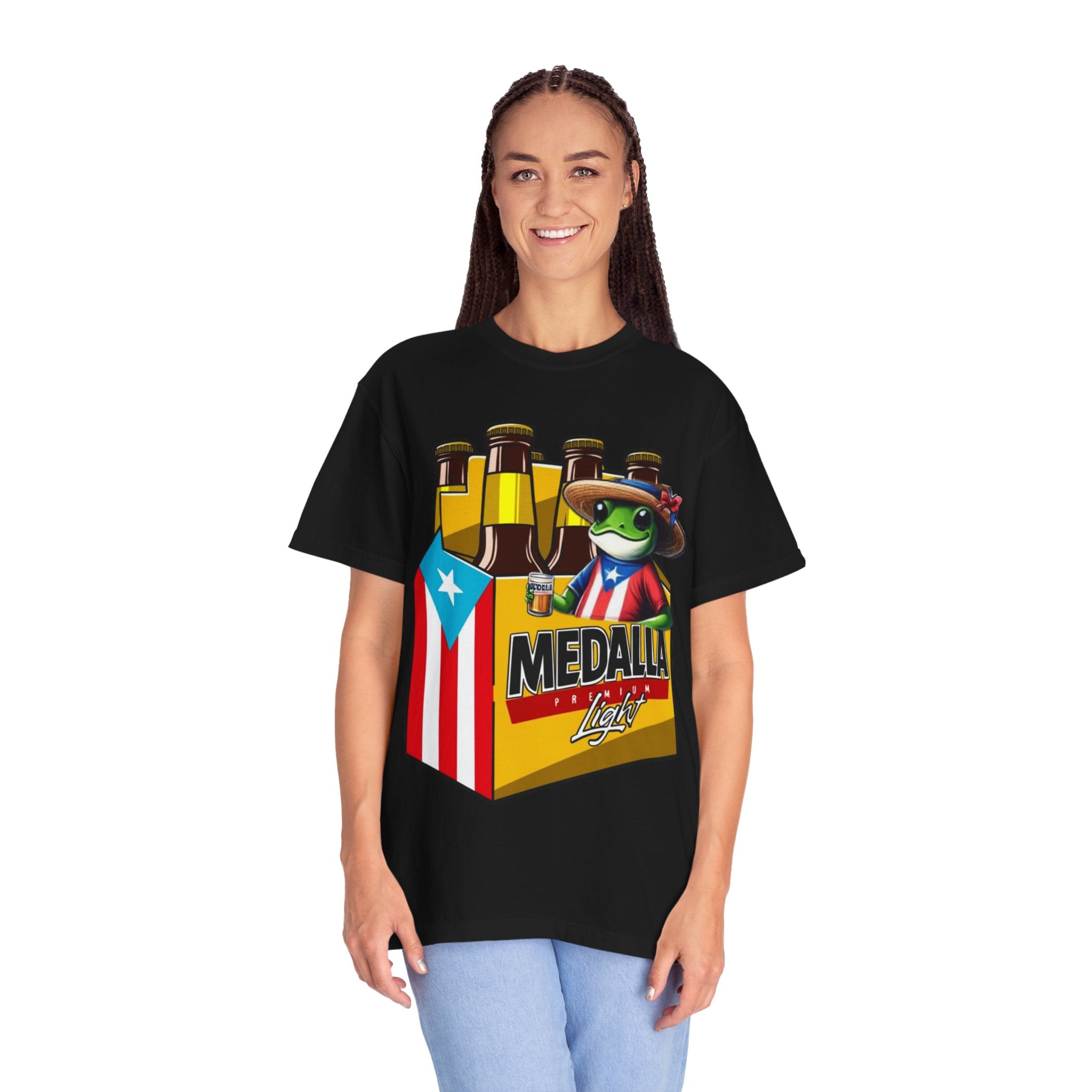 Medalla Light Puerto Rican Beer T-Shirt Coqui Frog Mascot Six-Pack Graphic Tee Puerto Rico’s Navidades
