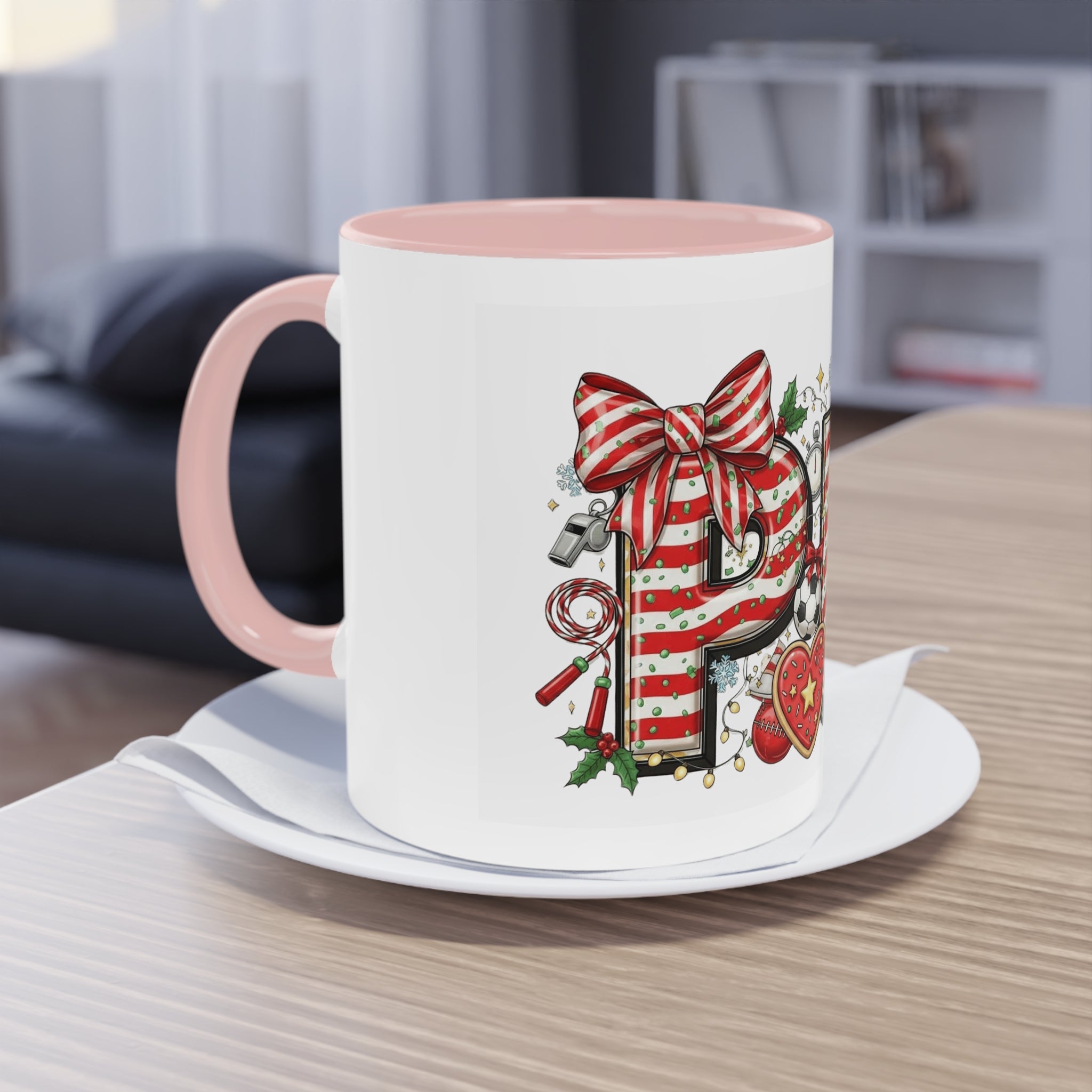 Holiday Sports Mom Coffee Mug Festive 'PE' Candy-Stripe Design, 11oz Two-Tone School Staff Christmas Mug Collection,